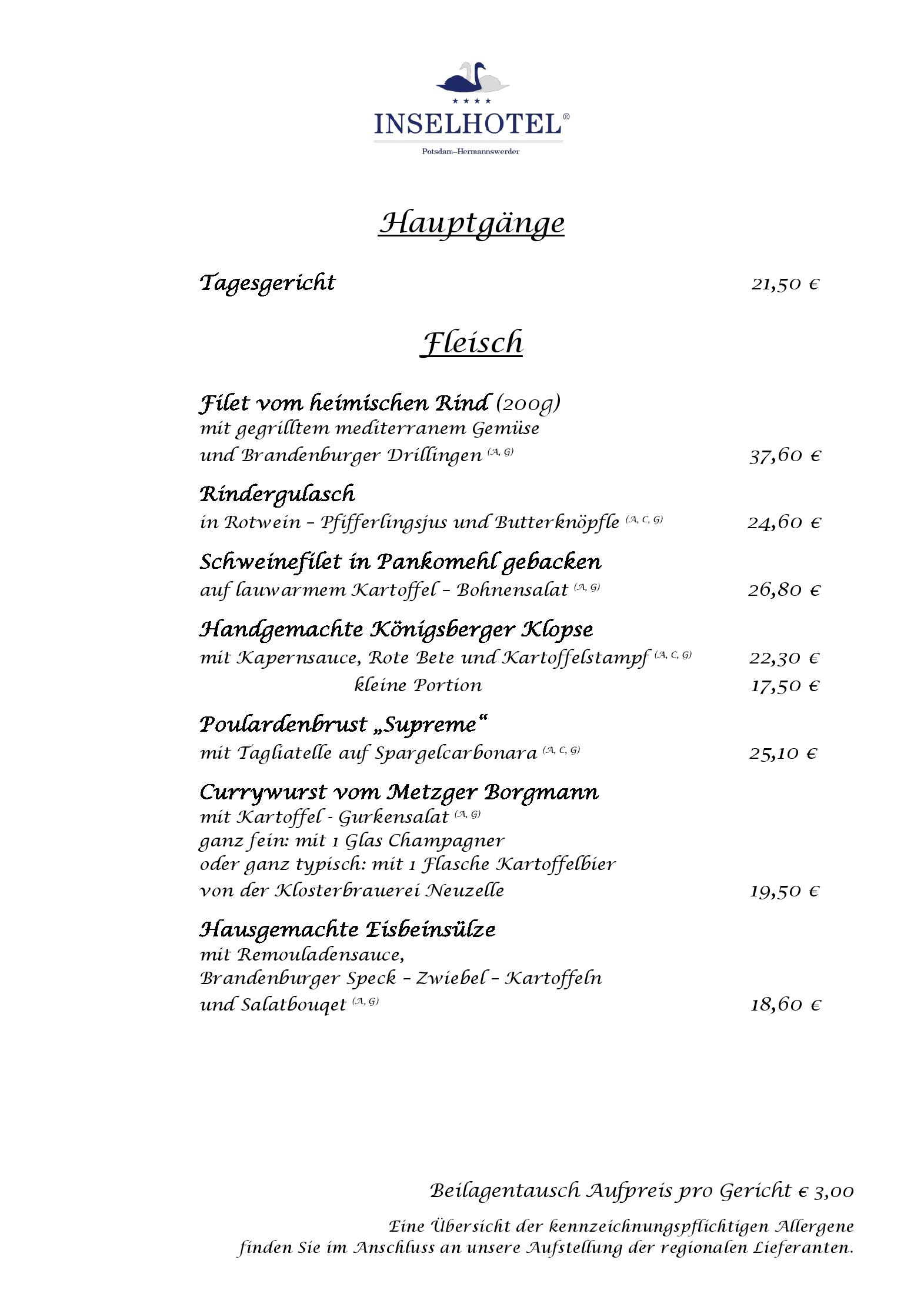 Speisekarte Seerestaurant im INSELHOTEL Potsdam in Potsdam, Seite 2