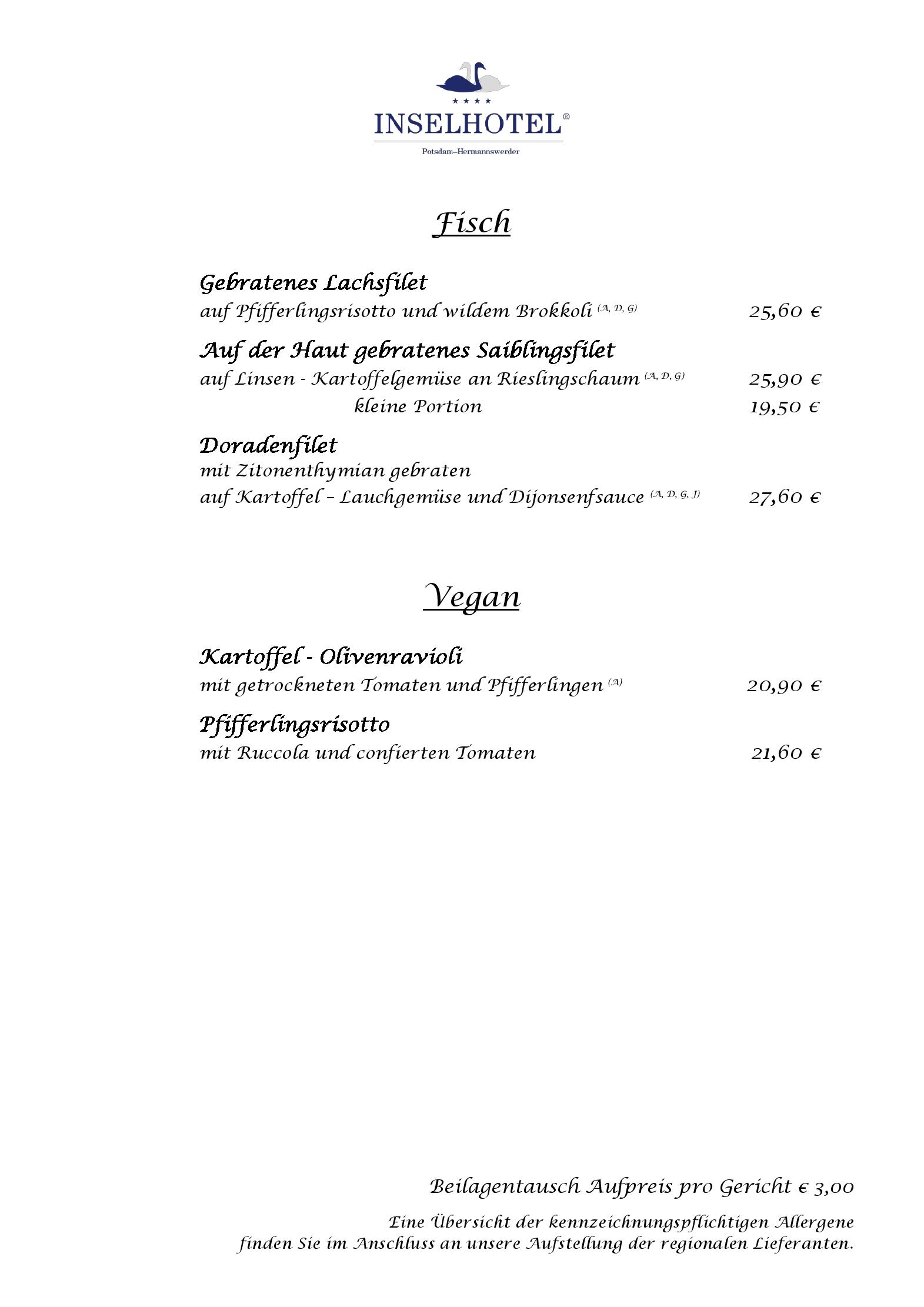 Speisekarte Seerestaurant im INSELHOTEL Potsdam in Potsdam, Seite 3