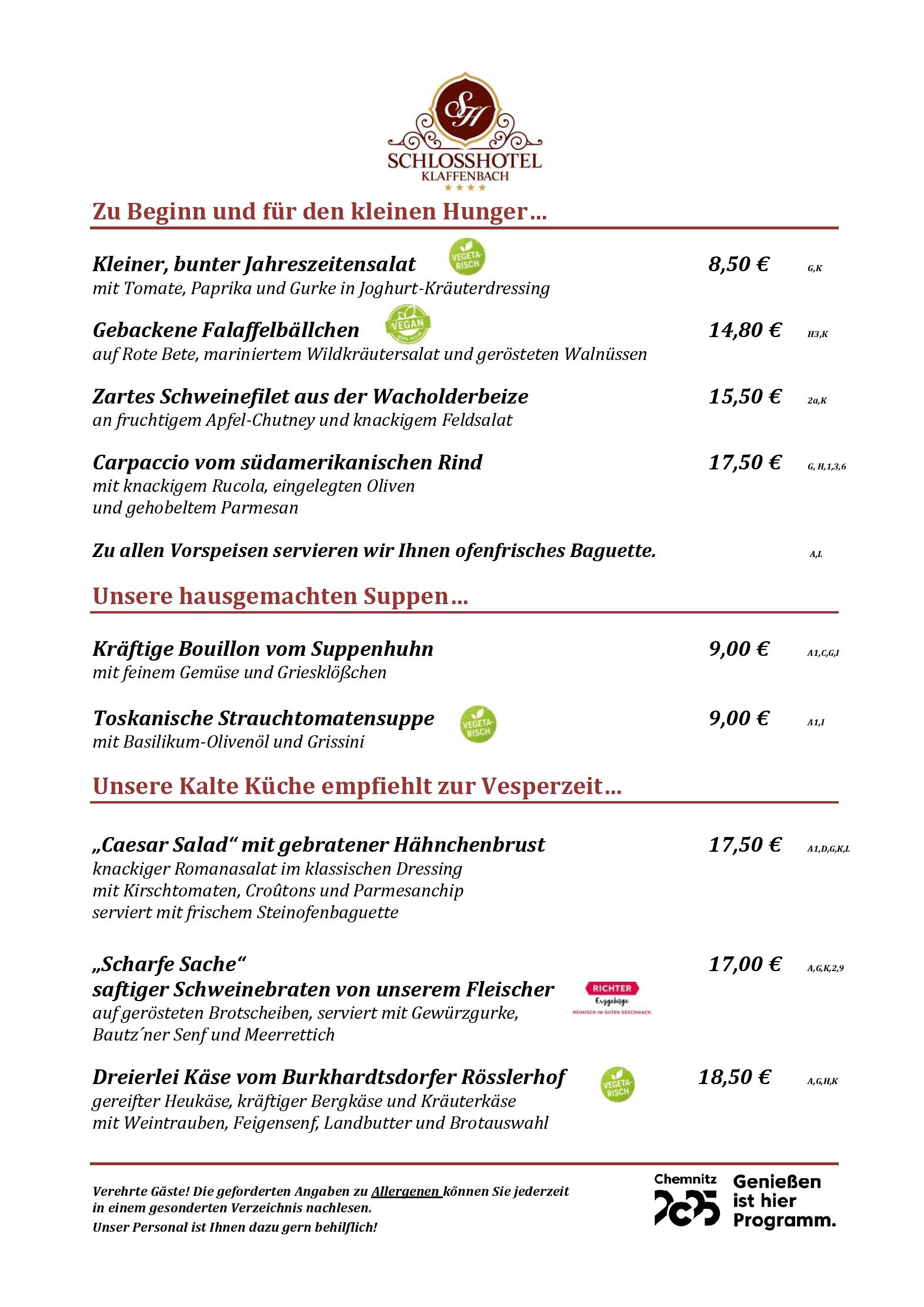 Speisekarte Gewölberestaurant in Chemnitz, Seite 1