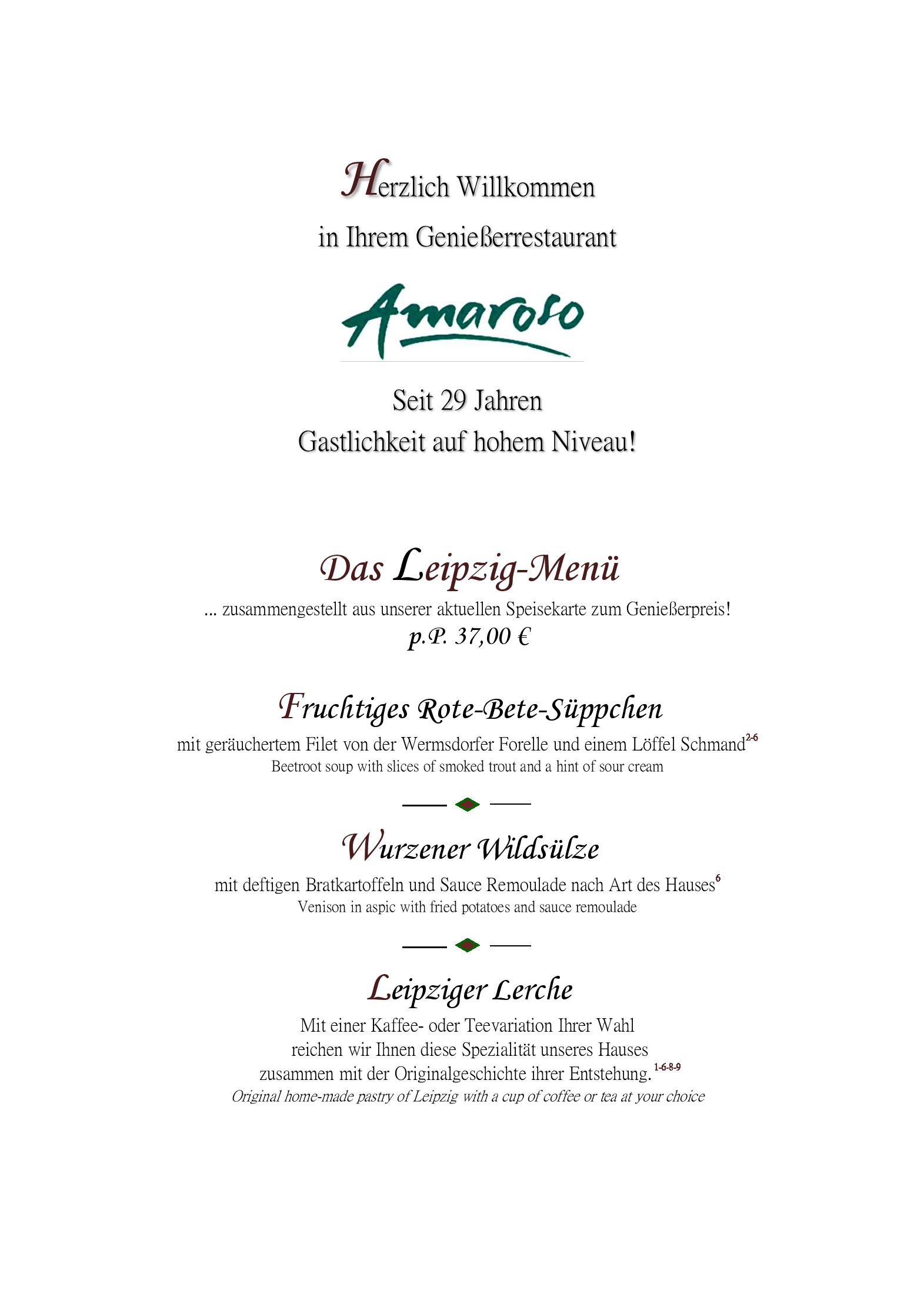 Speisekarte Genießerrestaurant Amaroso in Leipzig, Seite 1
