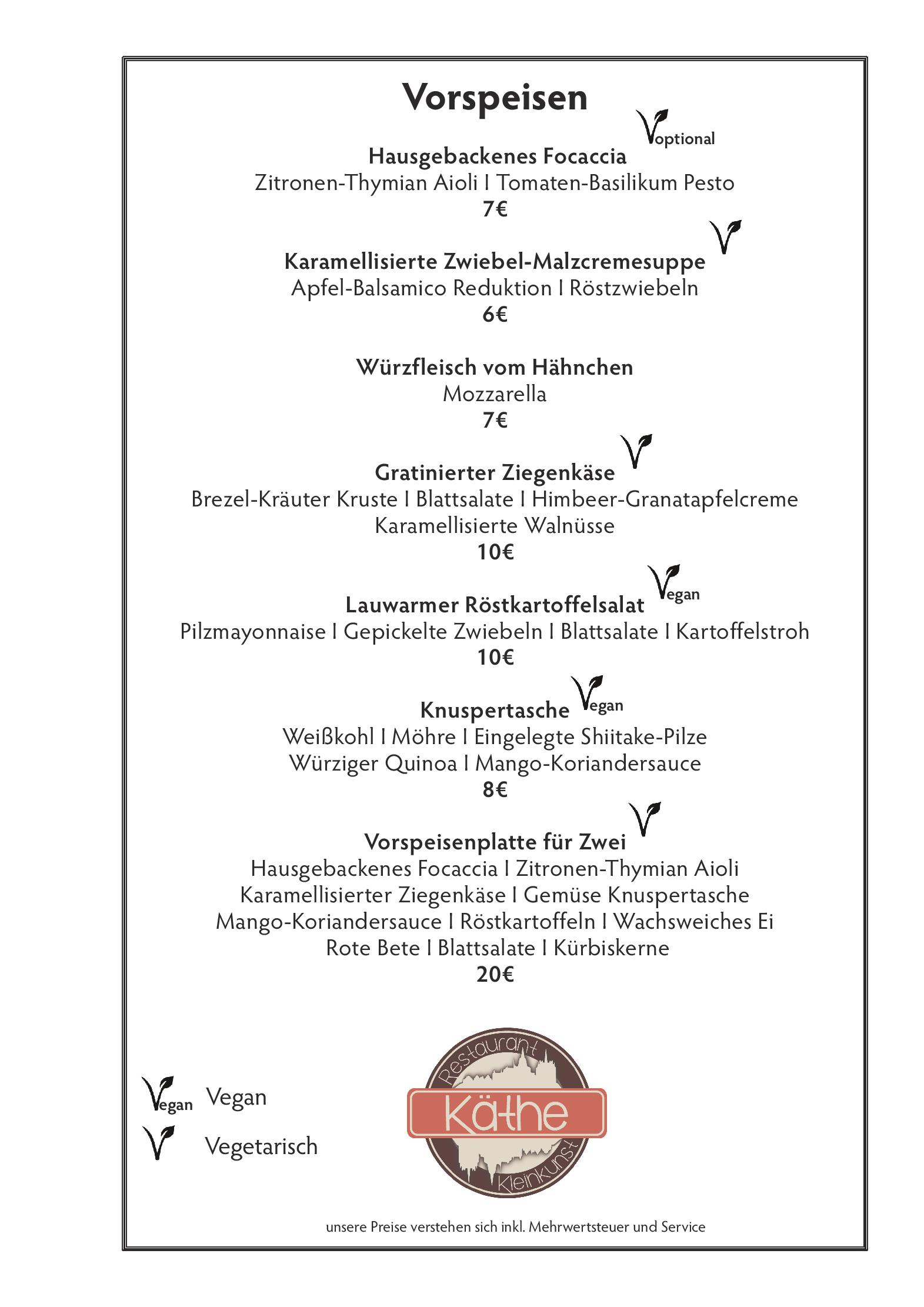 Speisekarte Restaurant Käthe in Rostock, Seite 1