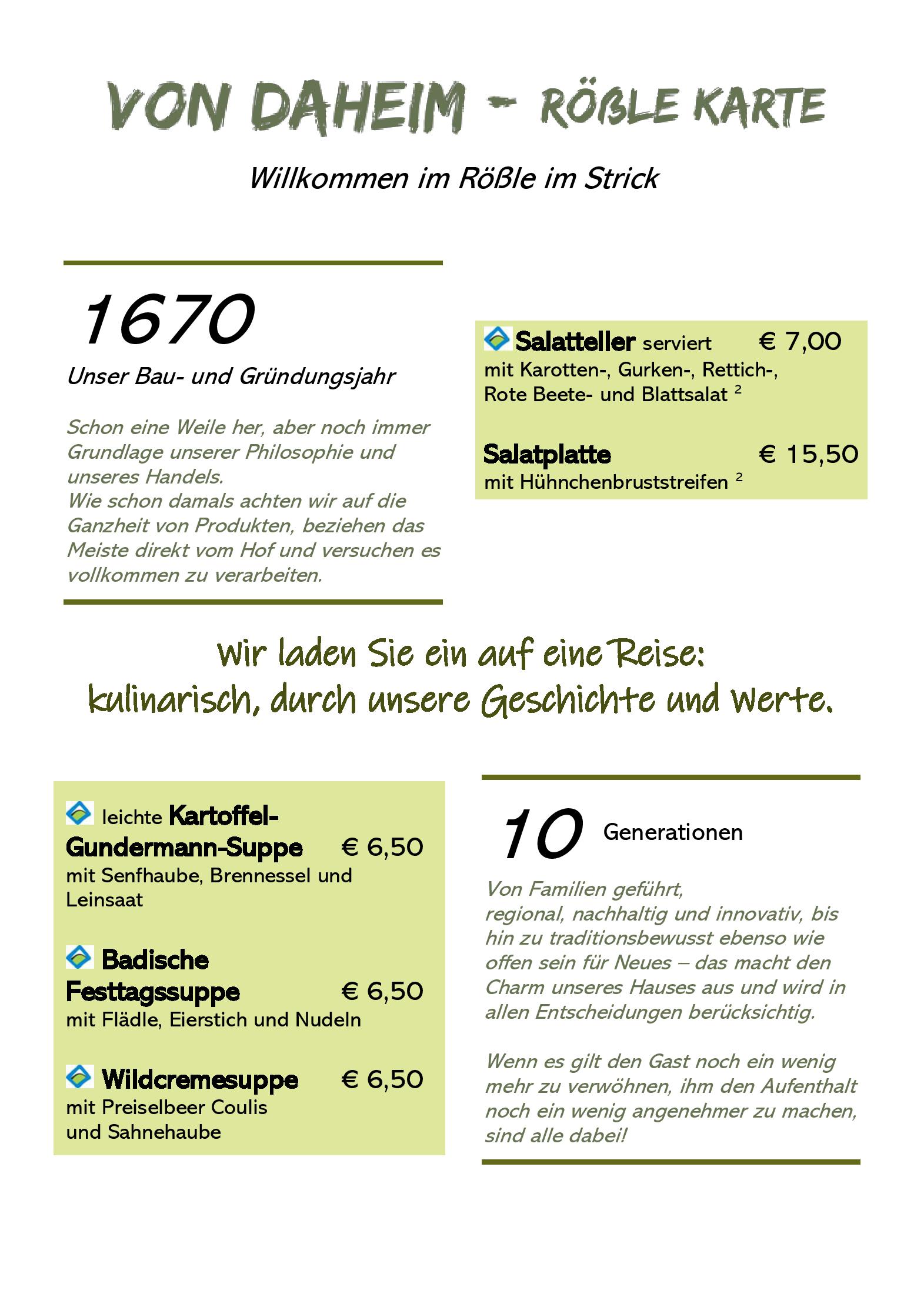 Speisekarte Rößle in Todtmoos, Seite 1
