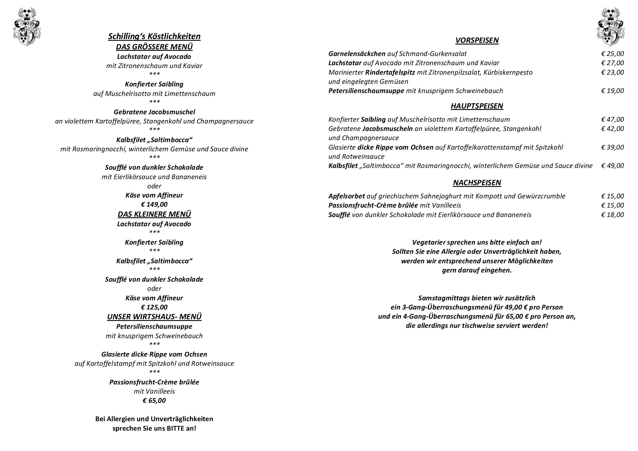 Speisekarte Hotel-Restaurant Schillingshof in Groß Schneen, Seite 1