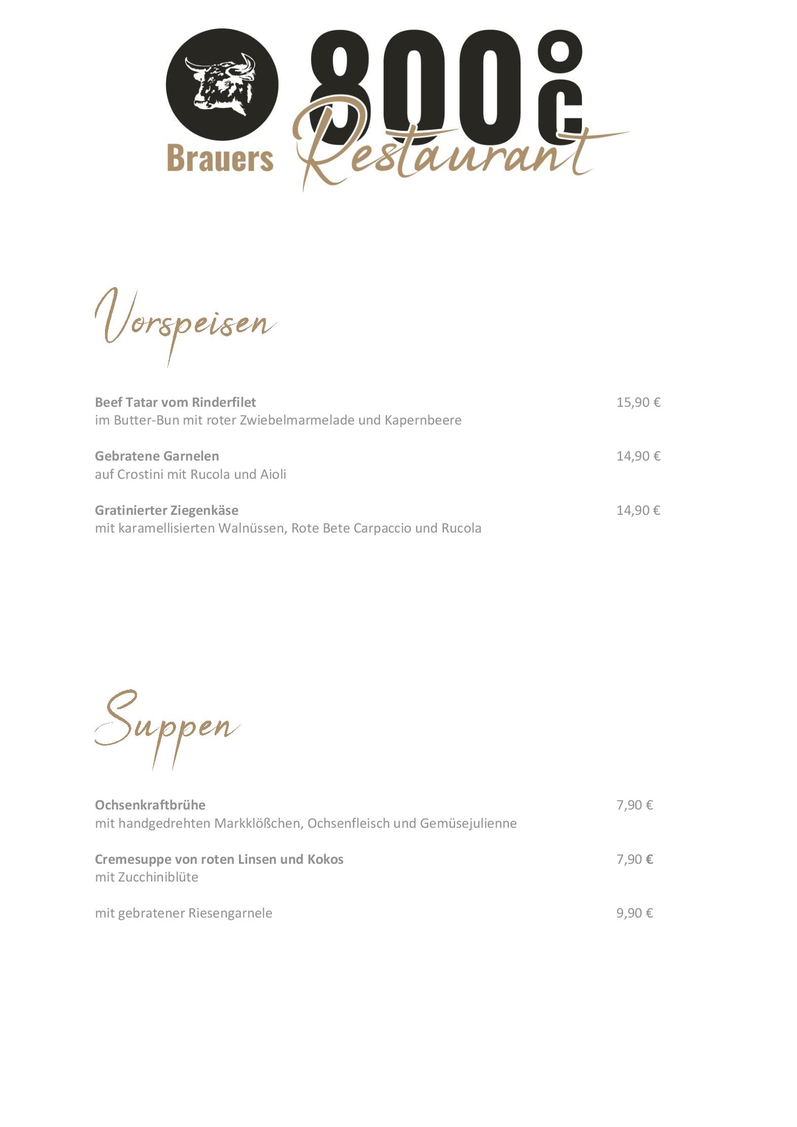 Speisekarte Brauer´s 800°C Restaurant - Steakhaus in Daun, Seite 1