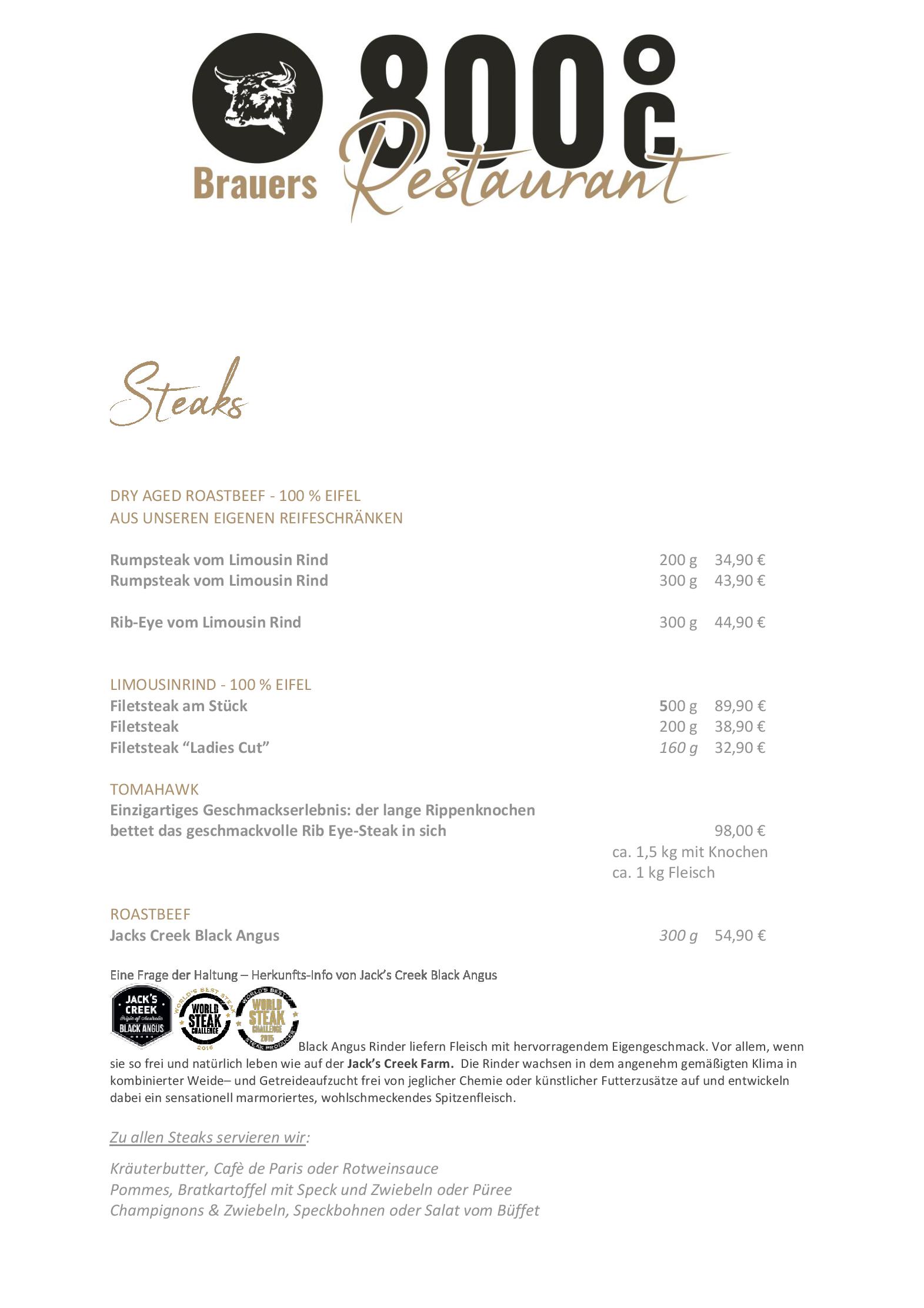 Speisekarte Brauer´s 800°C Restaurant - Steakhaus in Daun, Seite 4