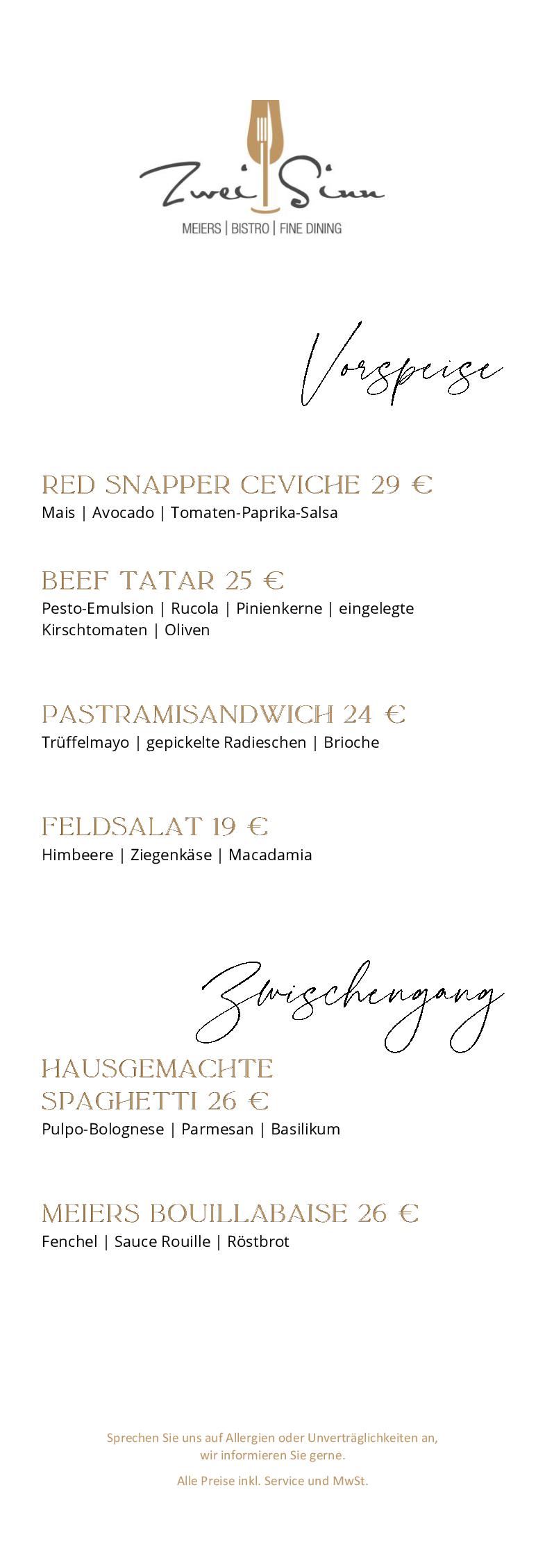 Speisekarte ZweiSinn Meiers in Nürnberg, Seite 1