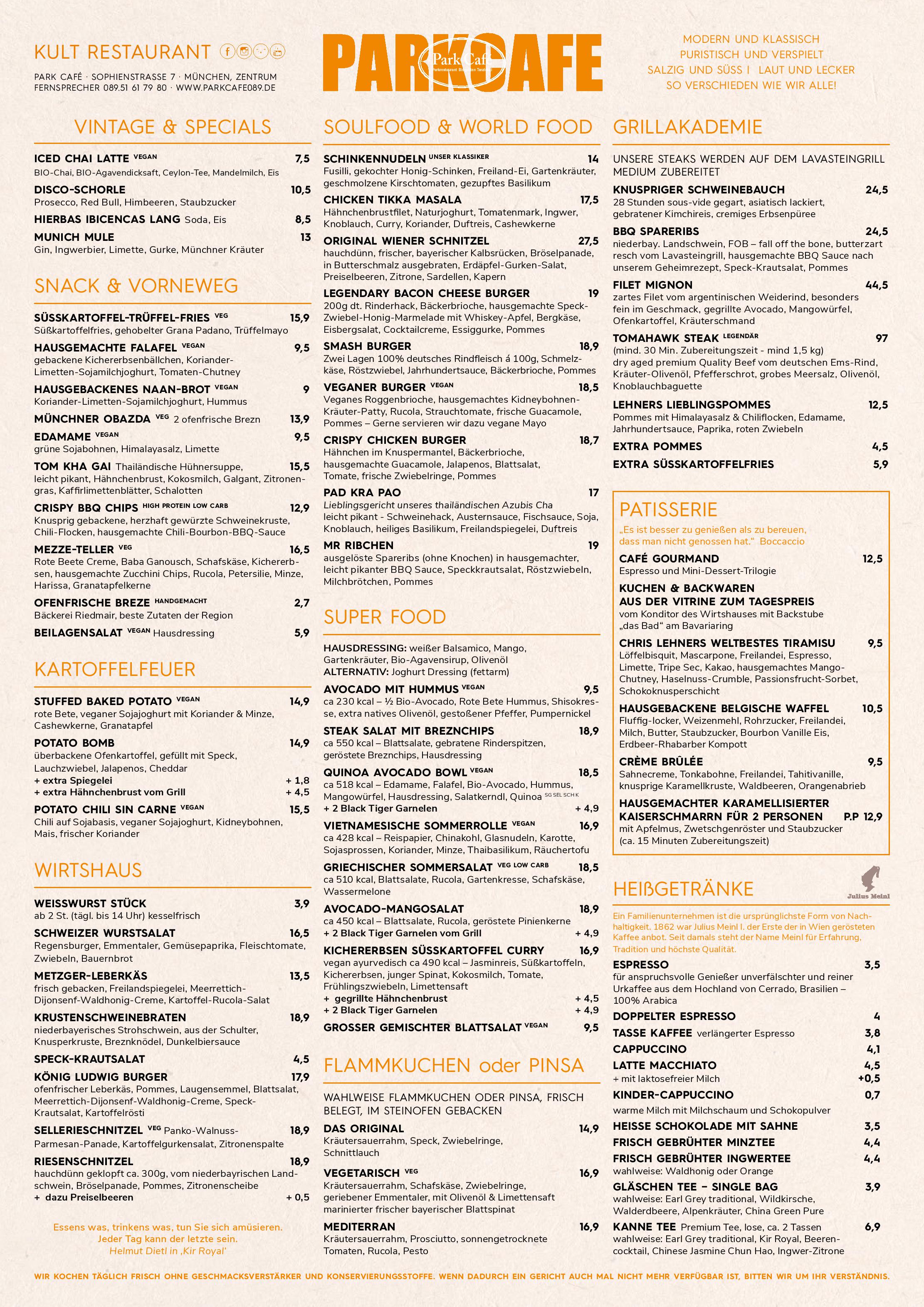Speisekarte Park Cafe in München, Seite 1