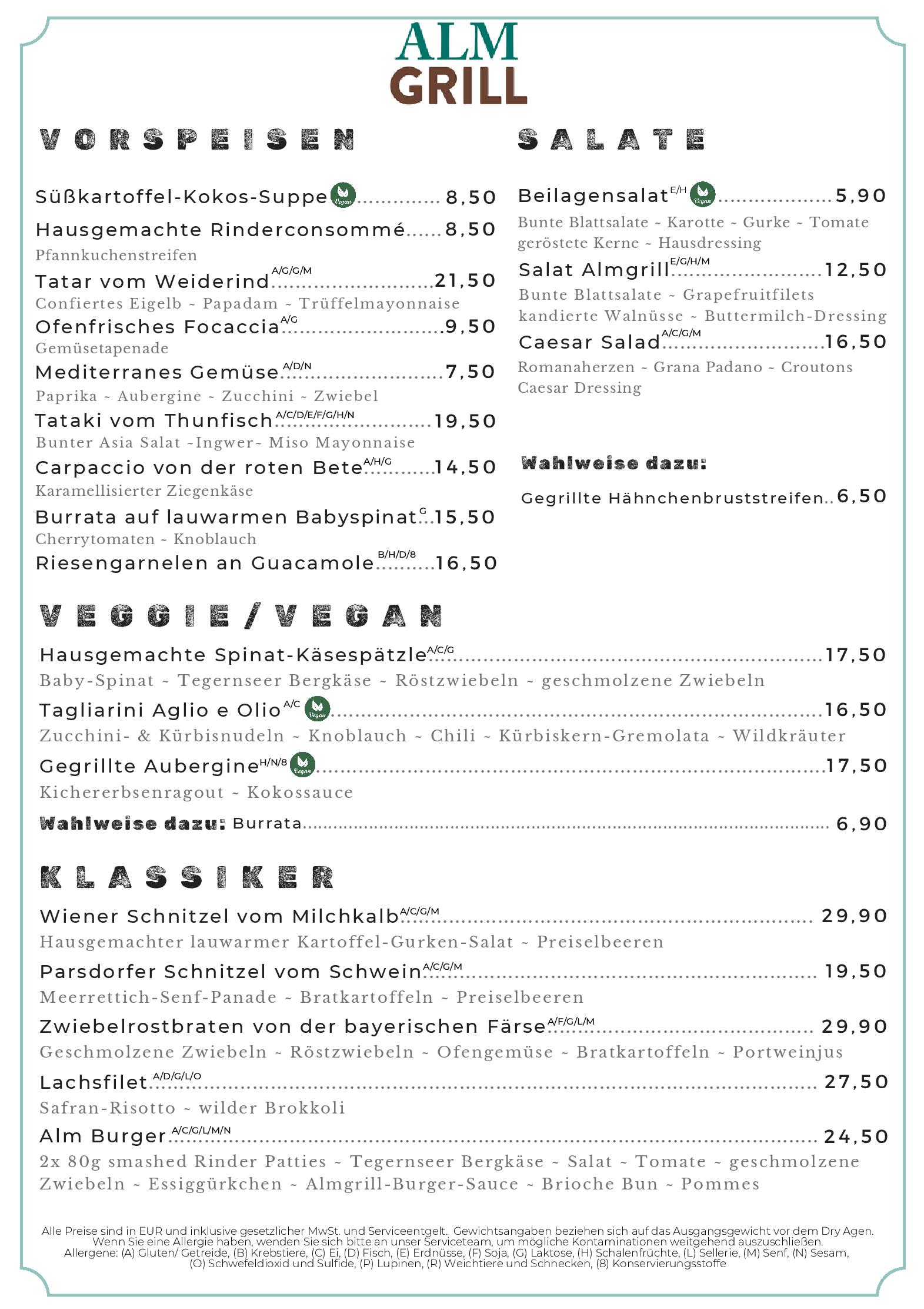 Speisekarte Restaurant Almgrill im Hotel Erb in Poing, Seite 1