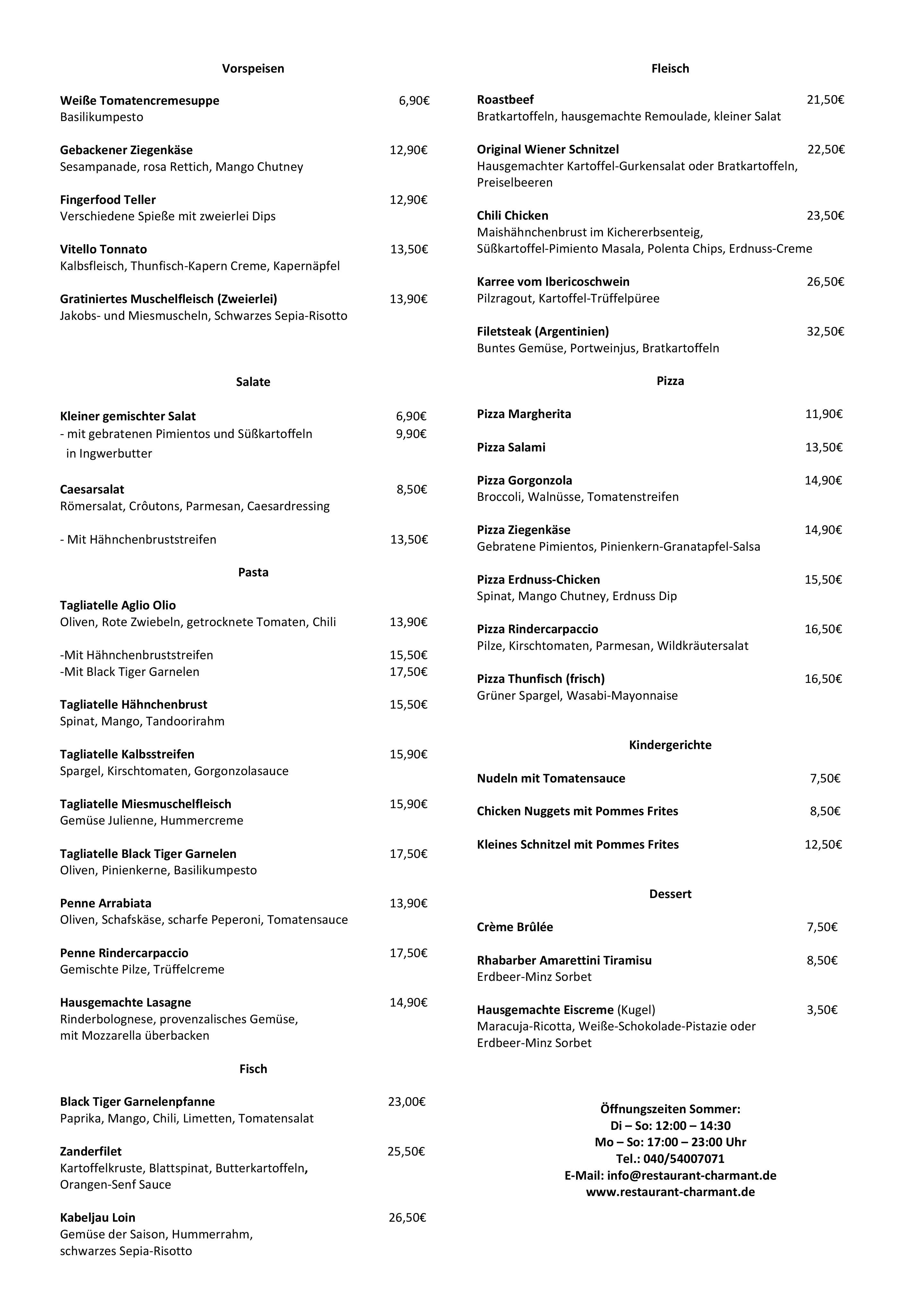 Speisekarte Charmant in Hamburg, Seite 1