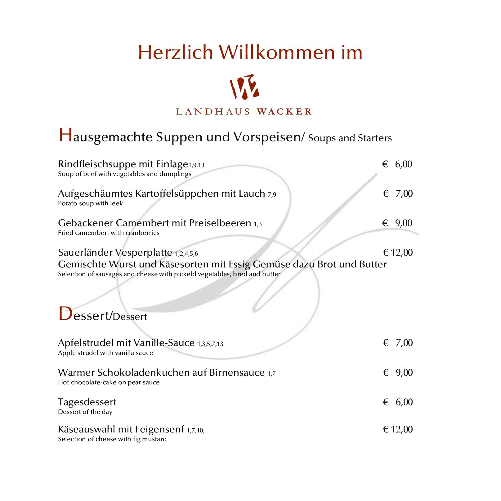 Speisekarte Landhaus Wacker in Wenden, Seite 1