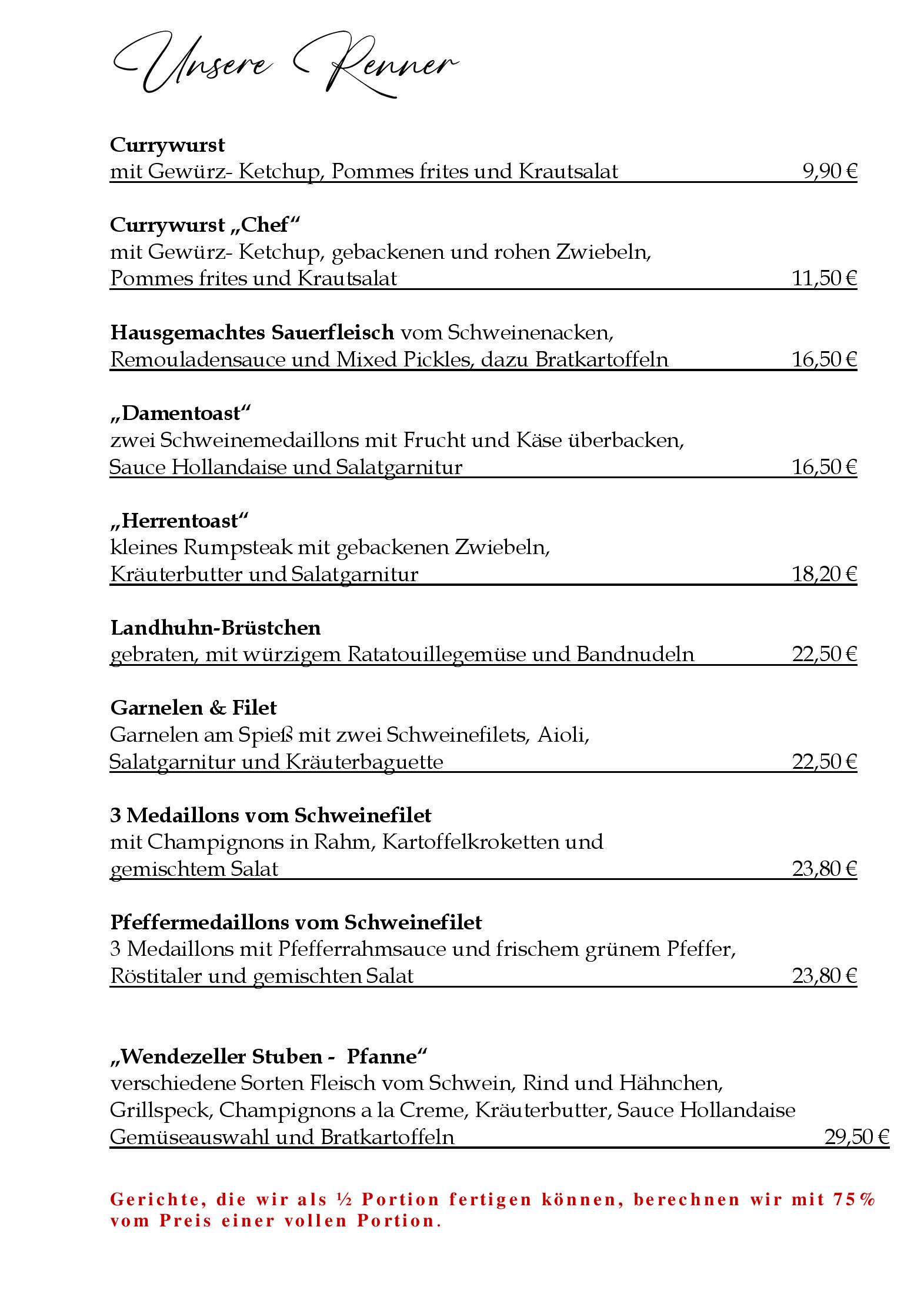 Speisekarte Wendezeller Stuben in Wendeburg, Seite 4