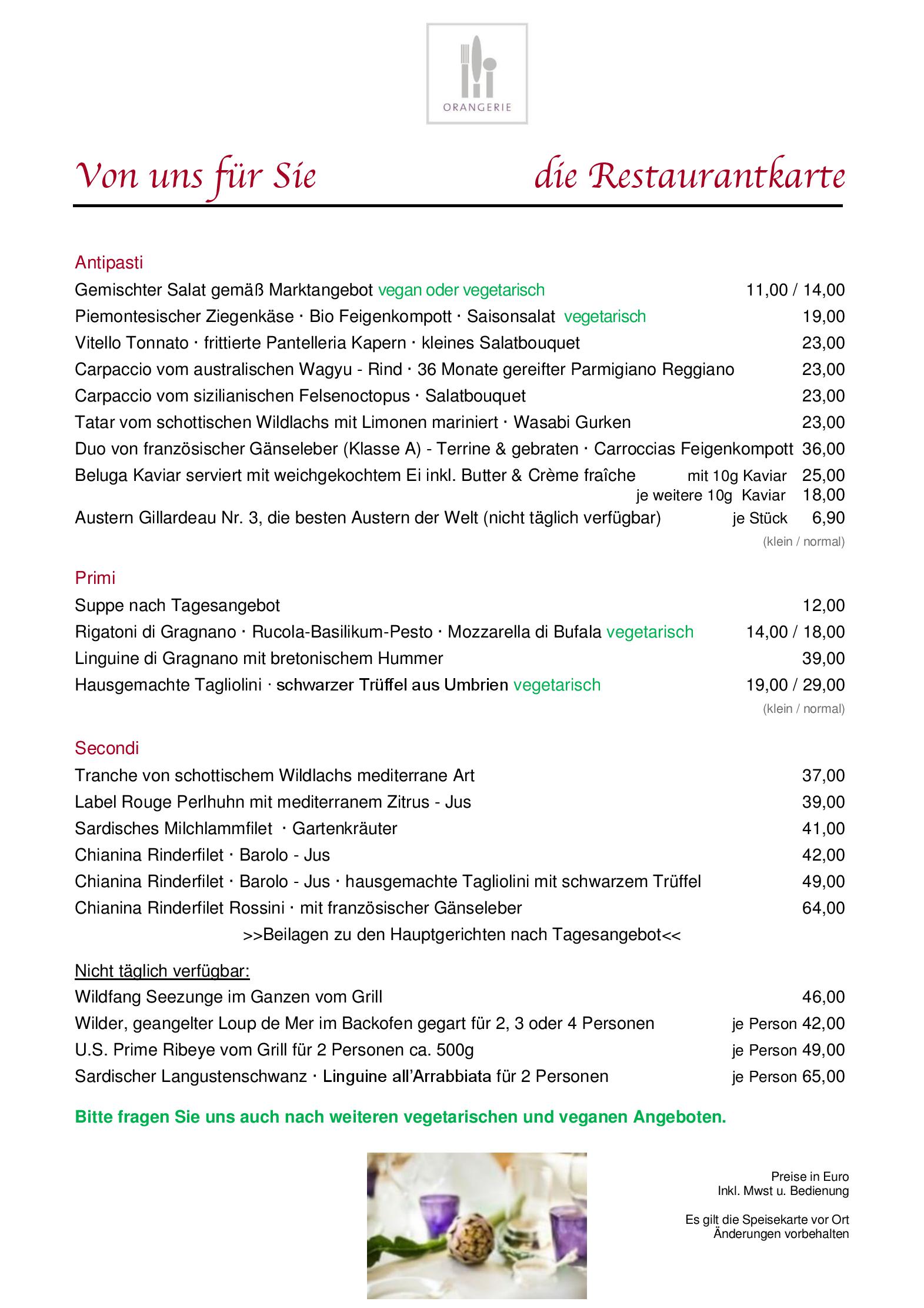 Speisekarte Orangerie in Darmstadt, Seite 1