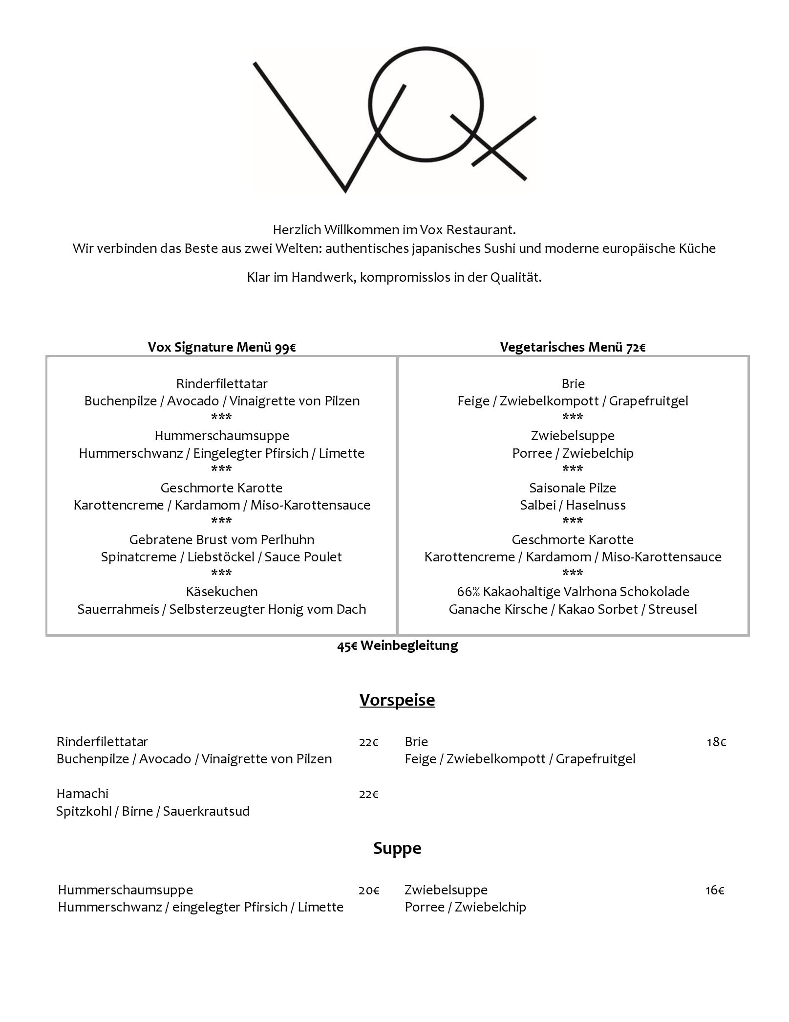 Speisekarte Vox Restaurant im Grand Hyatt in Berlin, Seite 1
