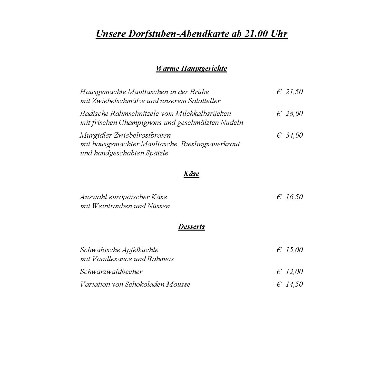 Speisekarte Dorfstuben im Hotel Bareiss Schwarzwald in Baiersbronn, Seite 2