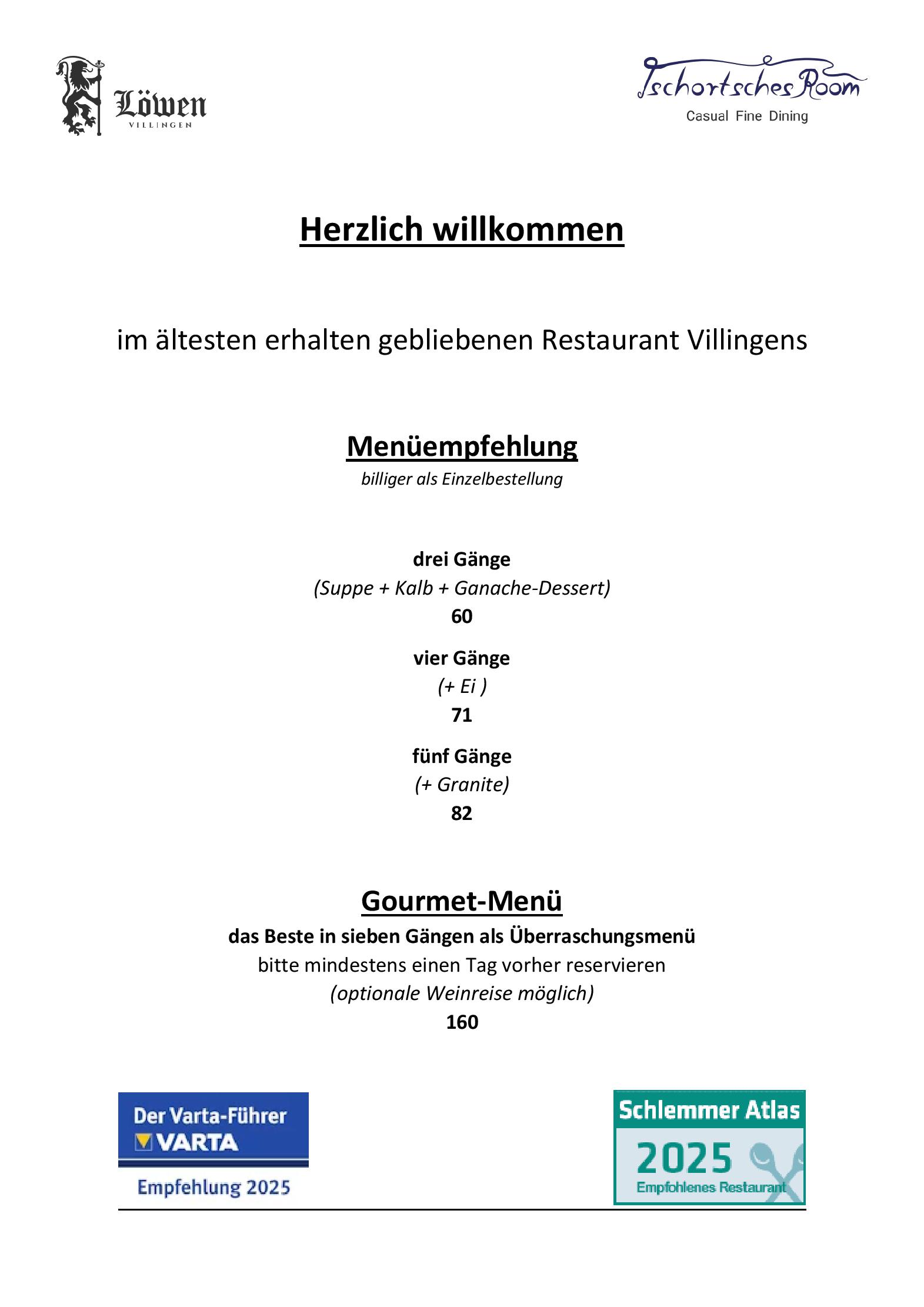 Speisekarte Gasthaus Löwen - Tschortsches Room in Villingen, Seite 1
