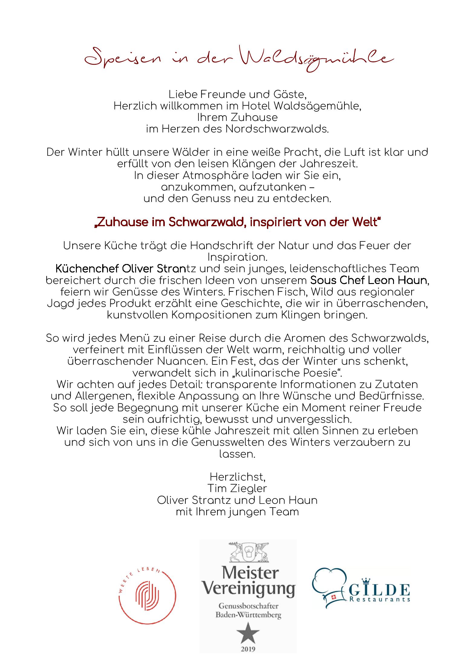 Speisekarte Hotel - Restaurant Waldsägmühle in Pfalzgrafenweiler, Seite 1