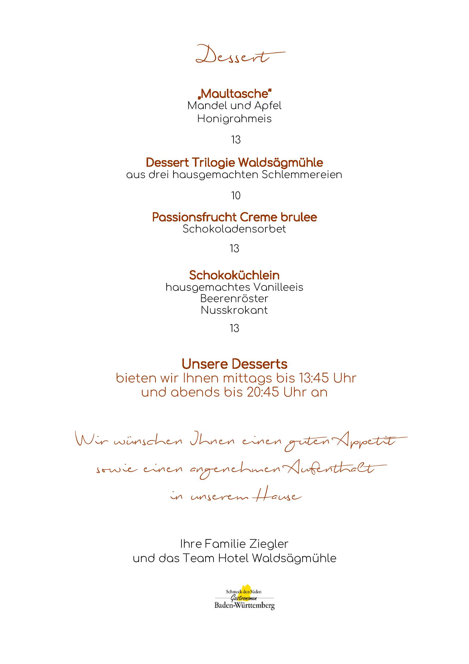 Speisekarte Hotel - Restaurant Waldsägmühle in Pfalzgrafenweiler, Seite 10