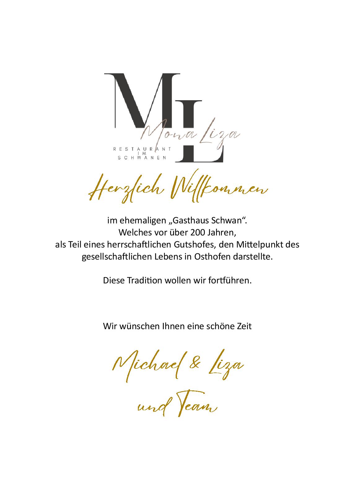 Speisekarte 'MonaLiza' Restaurant im Schwanen in Osthofen, Seite 1