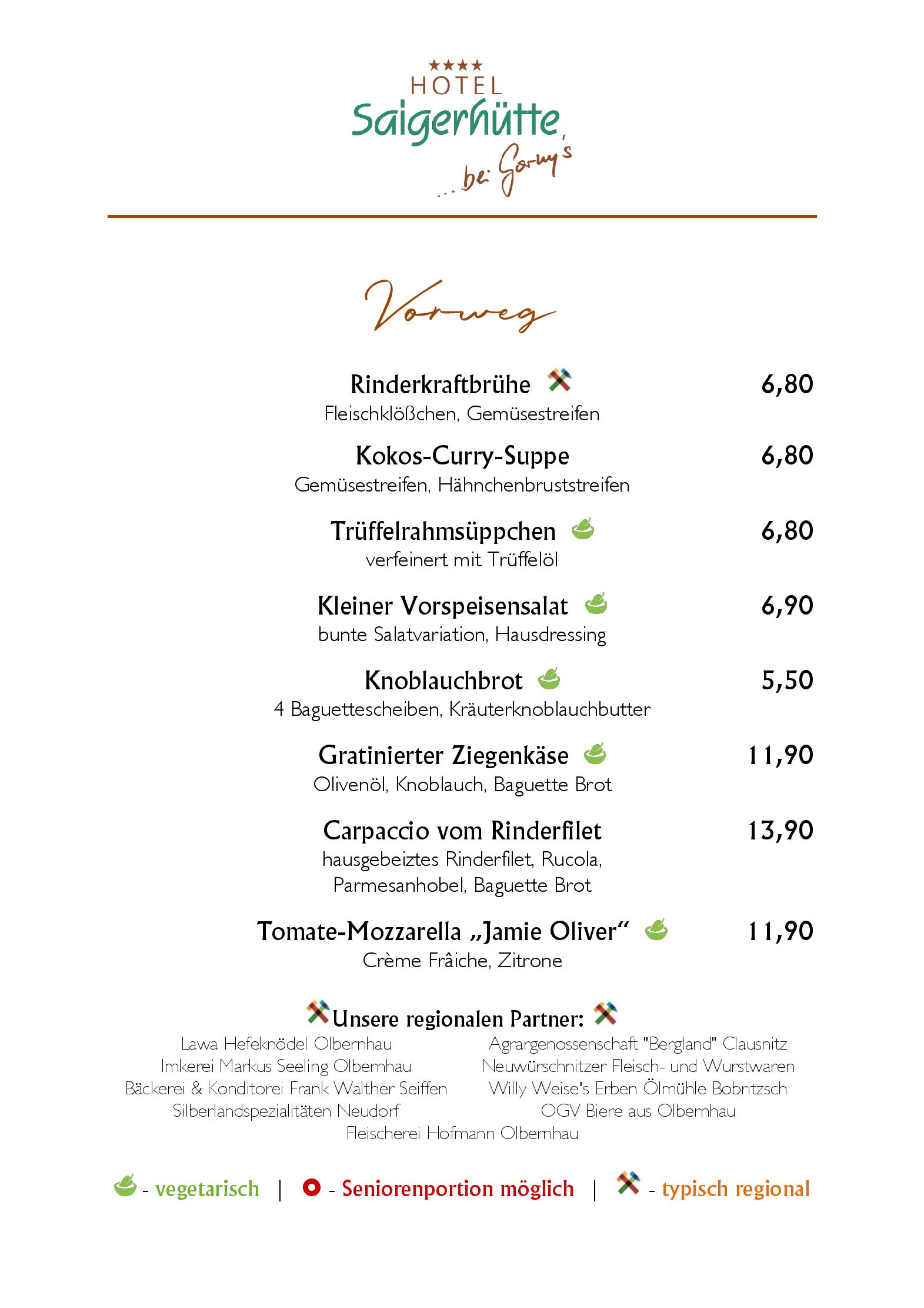 Speisekarte Hüttenschänke im Hotel Saigerhütte in Olbernhau, Seite 1