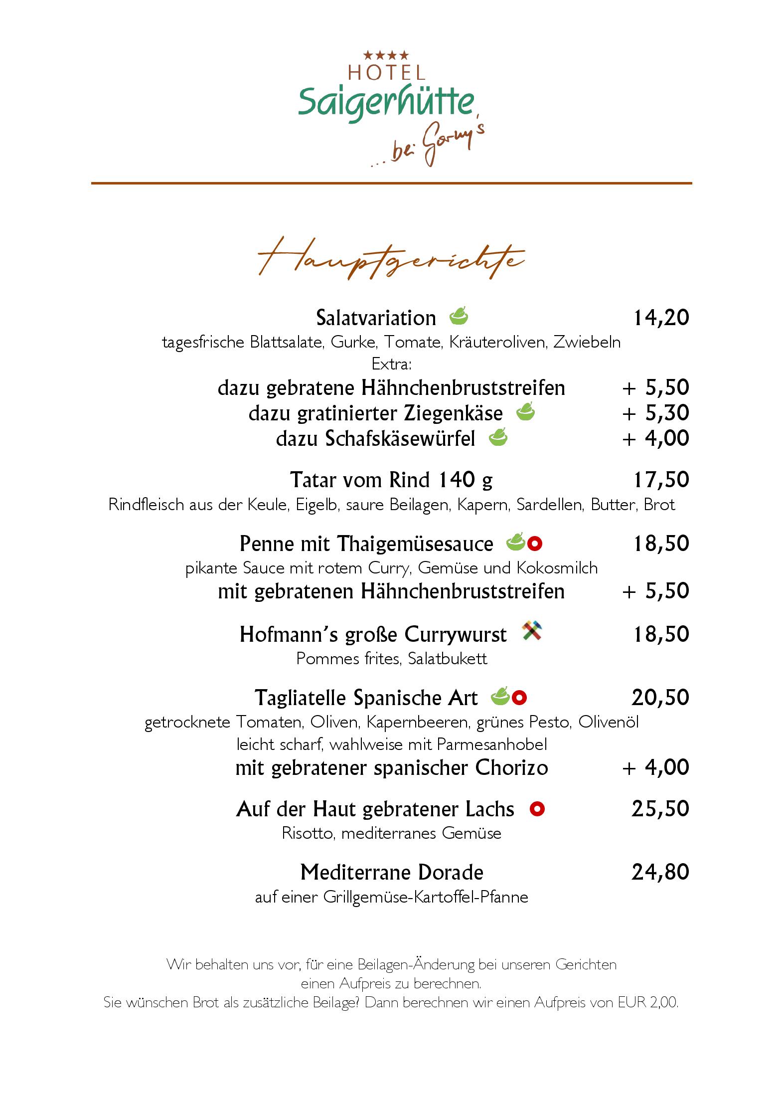 Speisekarte Hüttenschänke im Hotel Saigerhütte in Olbernhau, Seite 2