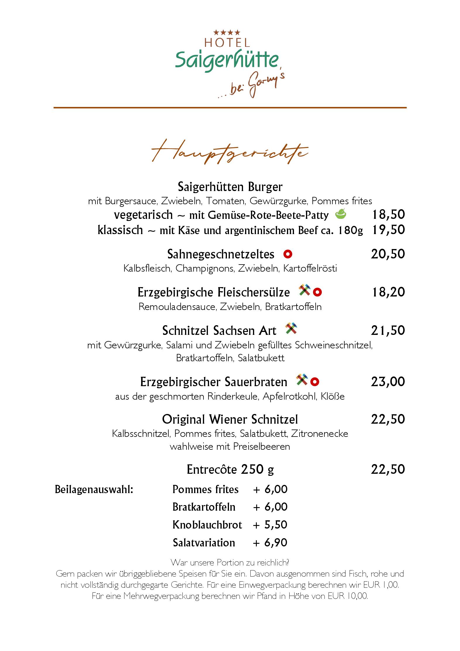 Speisekarte Hüttenschänke im Hotel Saigerhütte in Olbernhau, Seite 3
