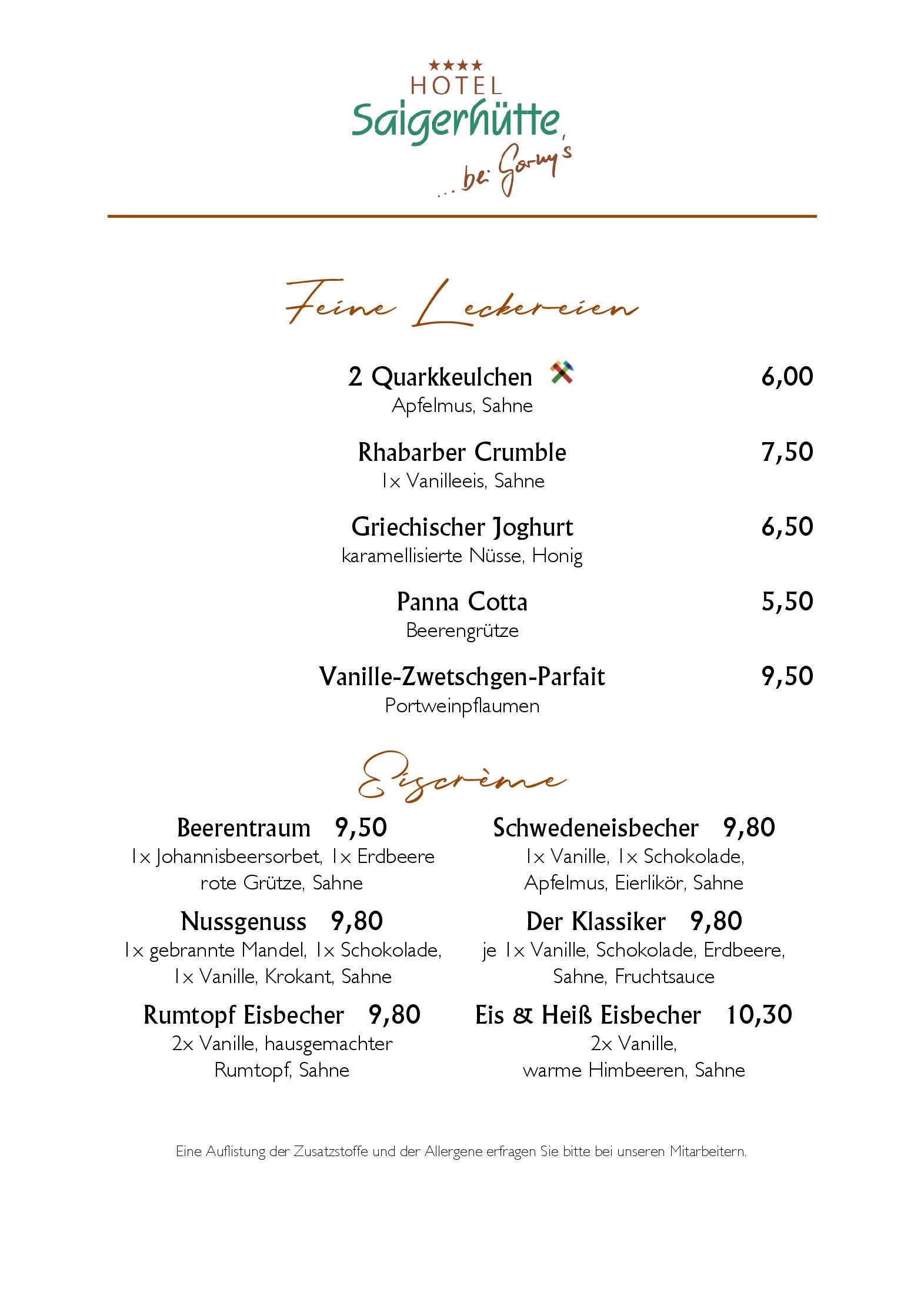 Speisekarte Hüttenschänke im Hotel Saigerhütte in Olbernhau, Seite 4