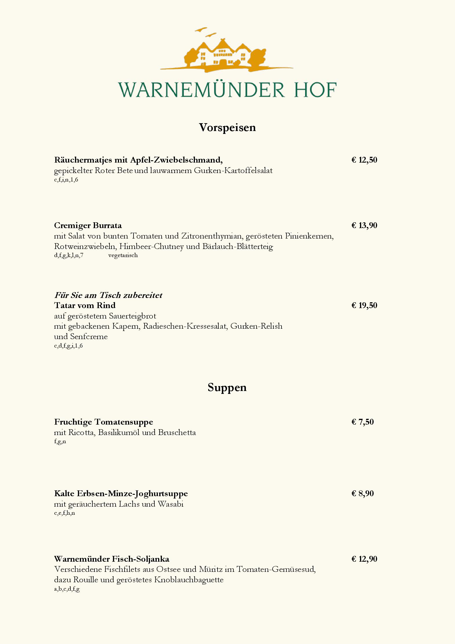 Speisekarte Hotel Warnemünder Hof - Restaurant Uns Hüsung in Rostock, Seite 1