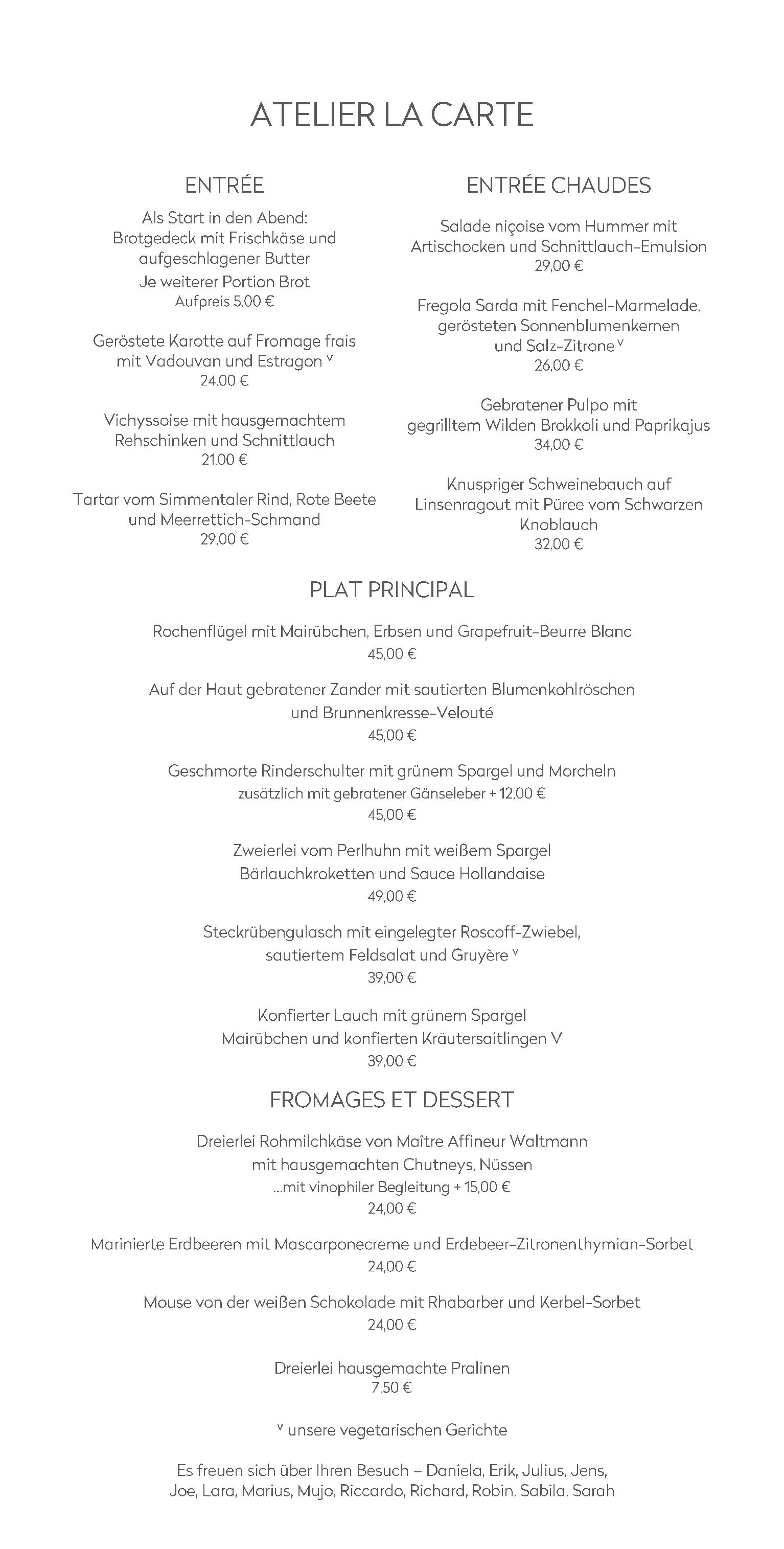 Speisekarte Restaurant Atelier Sanssouci in Radebeul, Seite 1