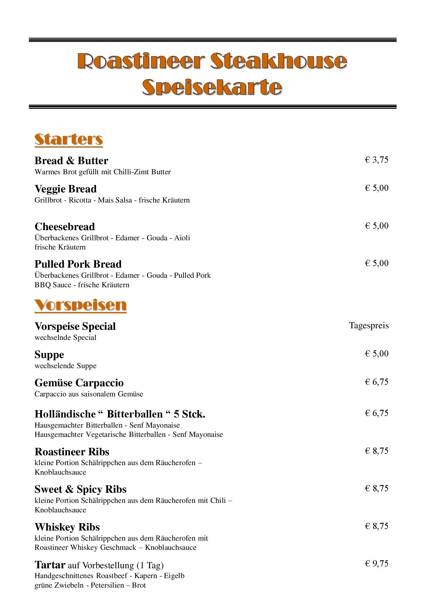 Speisekarte Roastineer Steakhouse in Battenberg (Eder), Seite 1