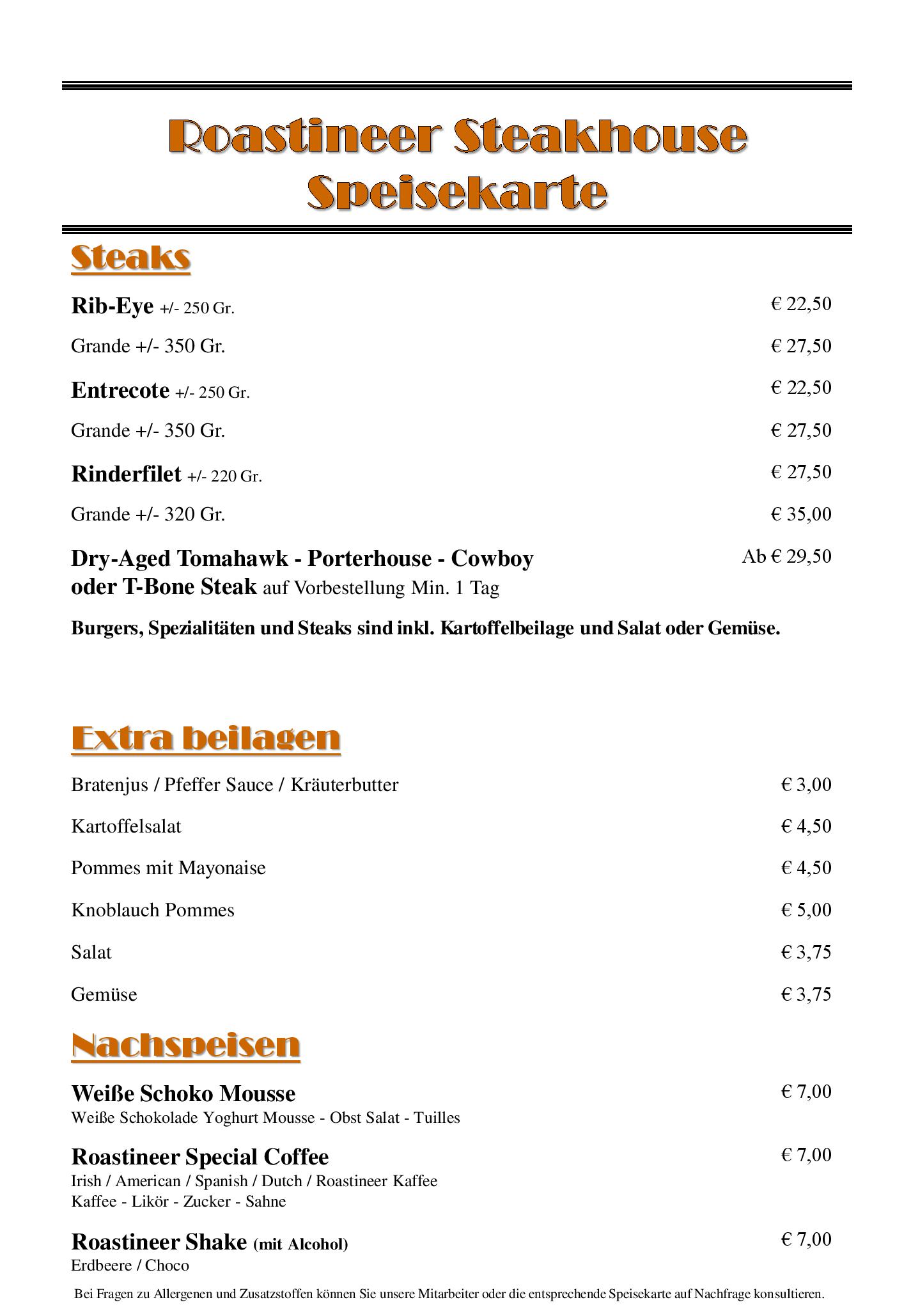 Speisekarte Roastineer Steakhouse in Battenberg (Eder), Seite 3