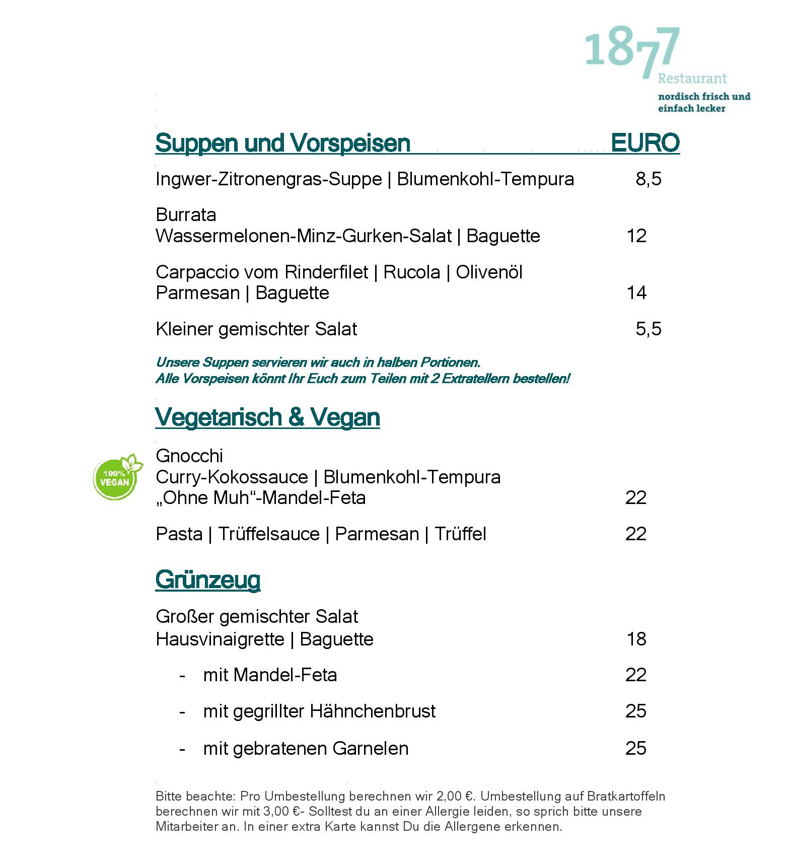 Speisekarte Restaurant 1877 in Husum, Seite 1