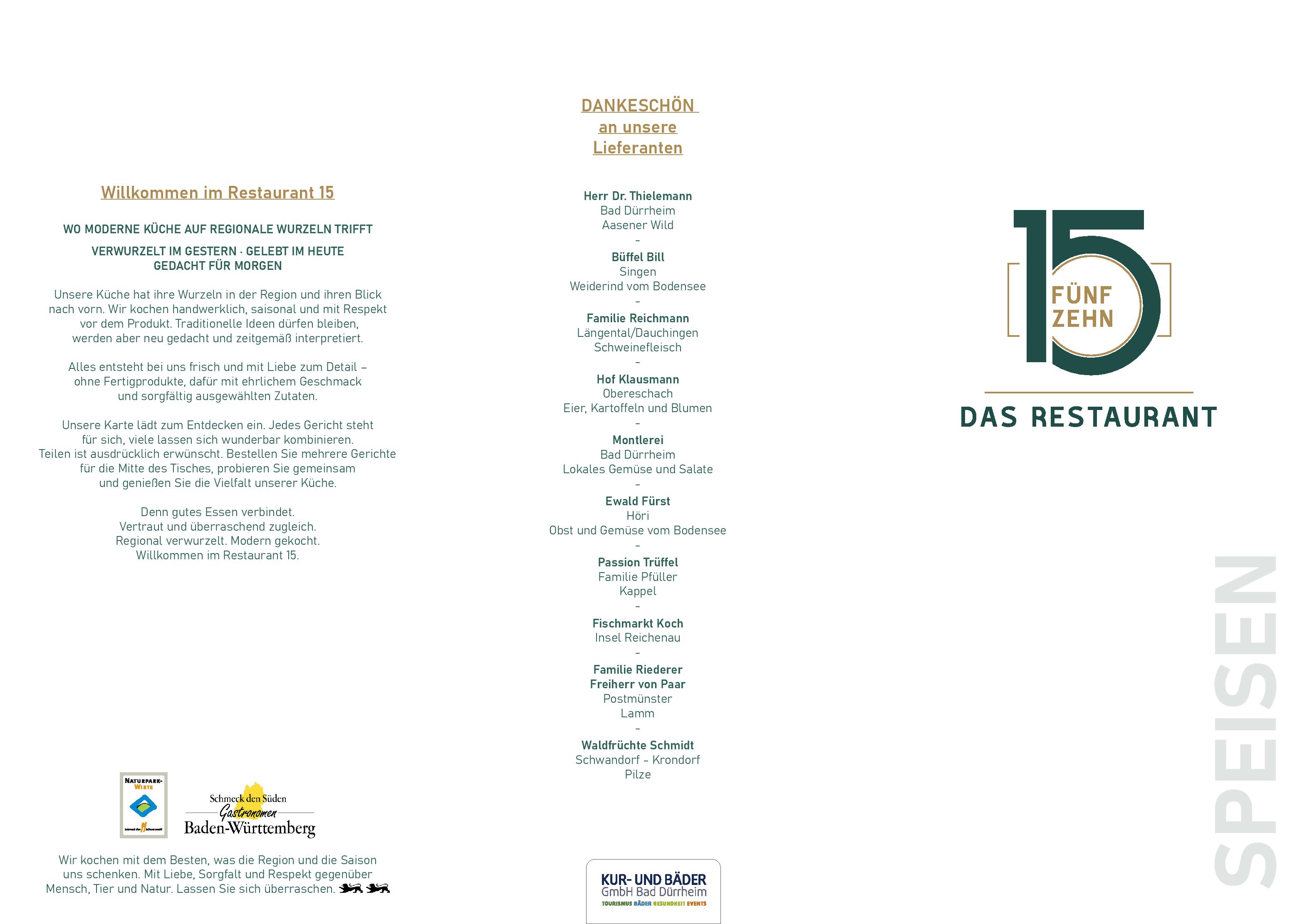Speisekarte Restaurant 15 in Bad Dürrheim, Seite 1
