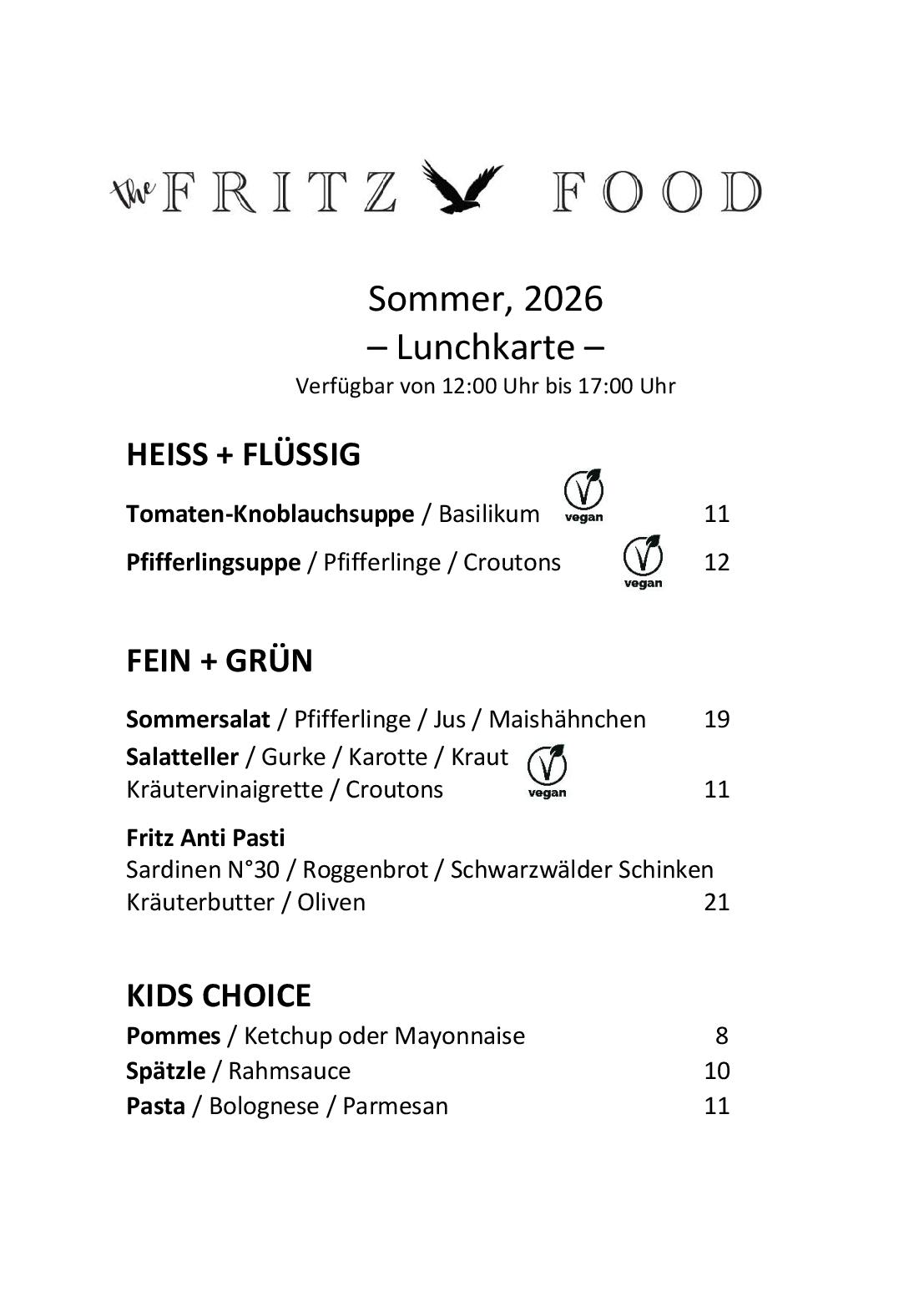 Speisekarte FRITZ in Freudenstadt, Seite 1