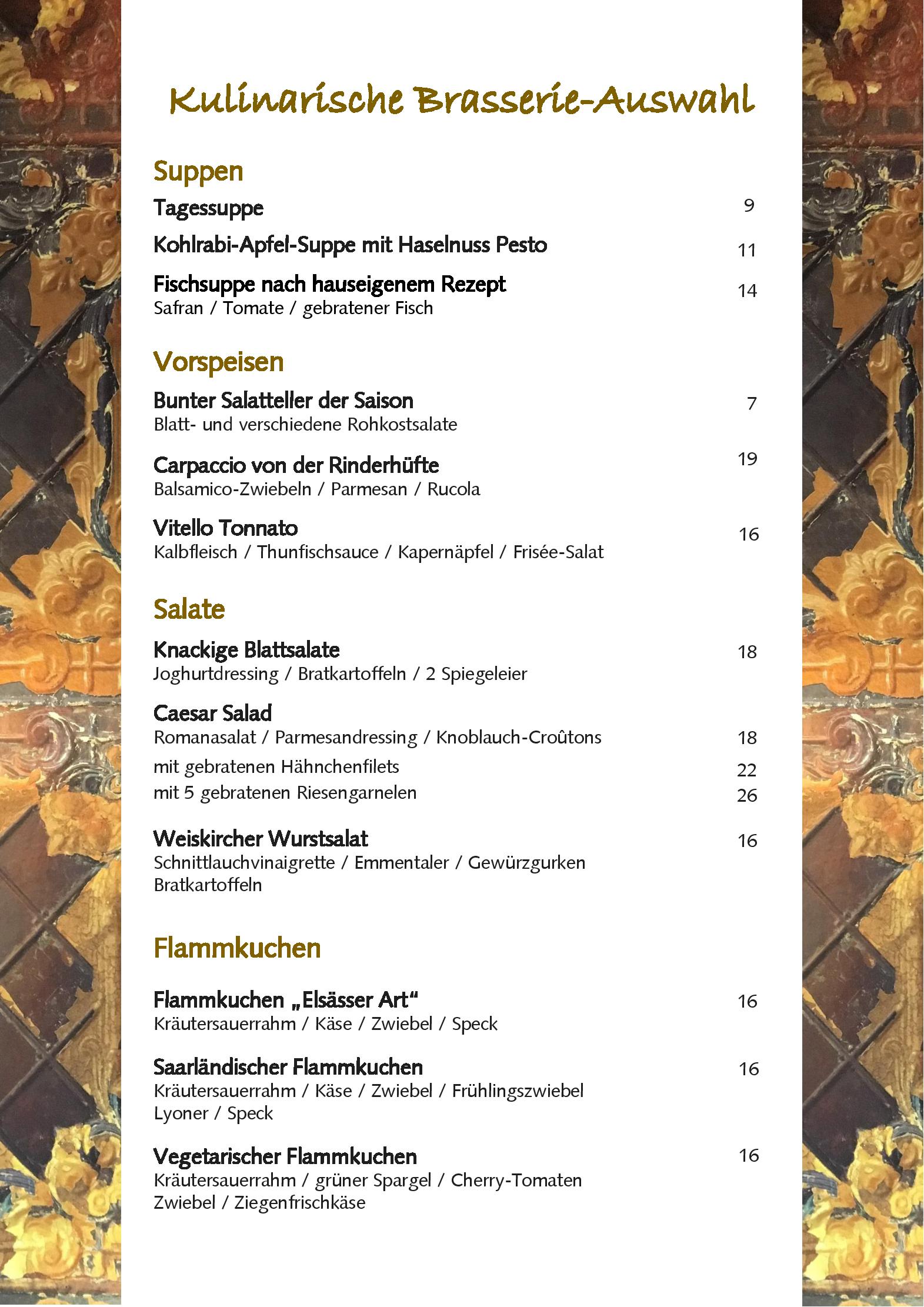 Speisekarte Brasserie Parkhotel Weiskirchen in Weiskirchen, Seite 1