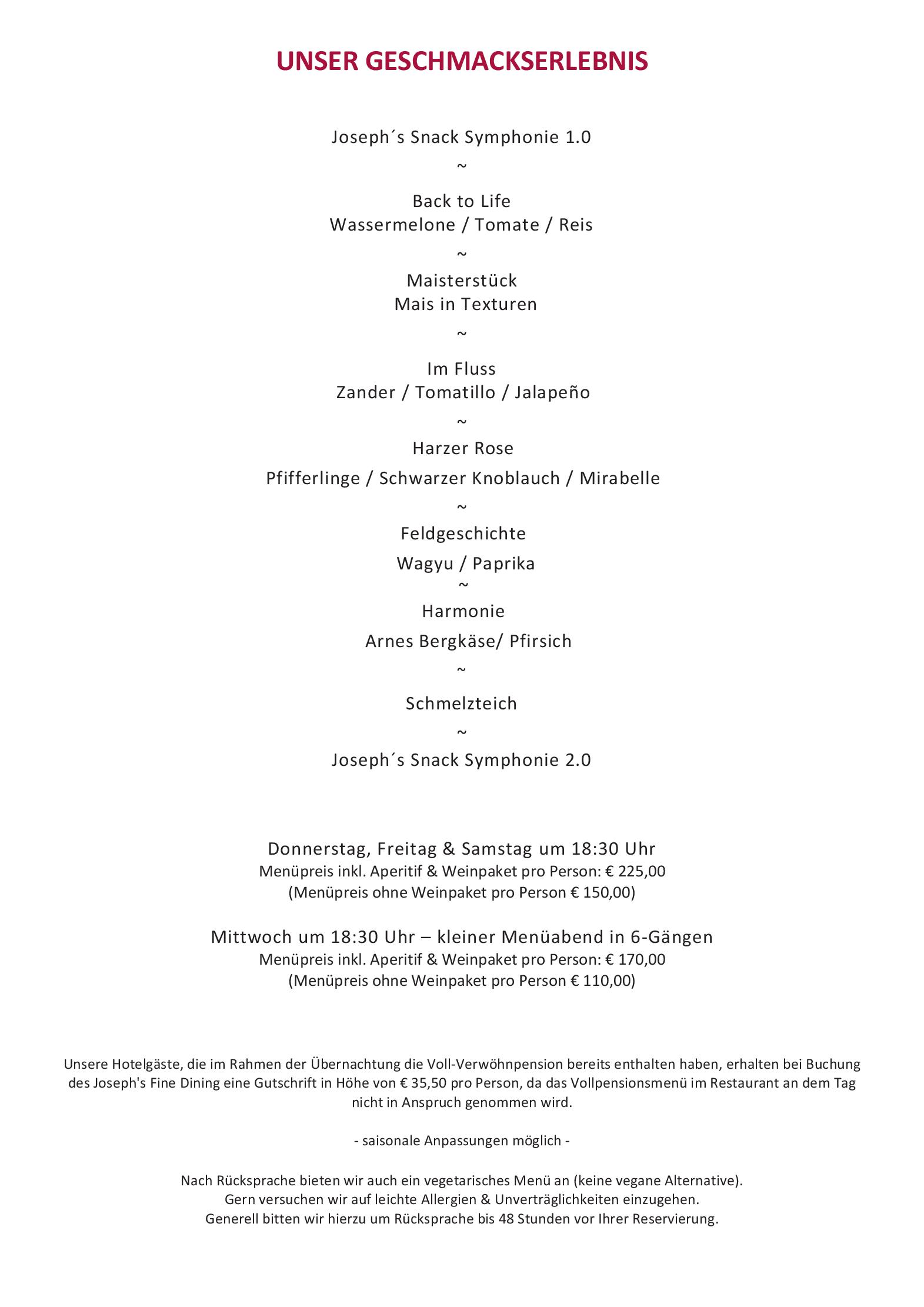 Speisekarte Josephs Fine Dining in Bad Sachsa, Seite 2