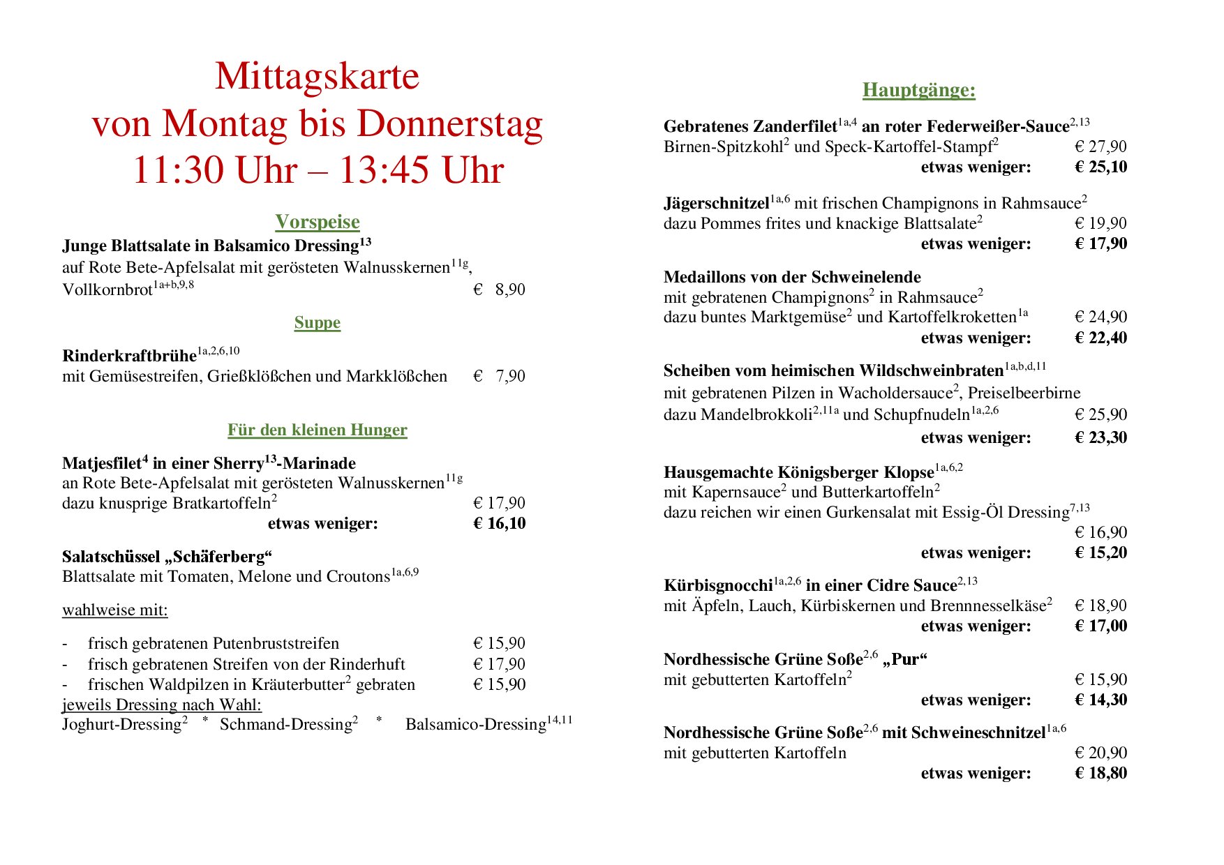 Speisekarte Waldhotel Schäferberg in Espenau bei Kassel, Seite 1