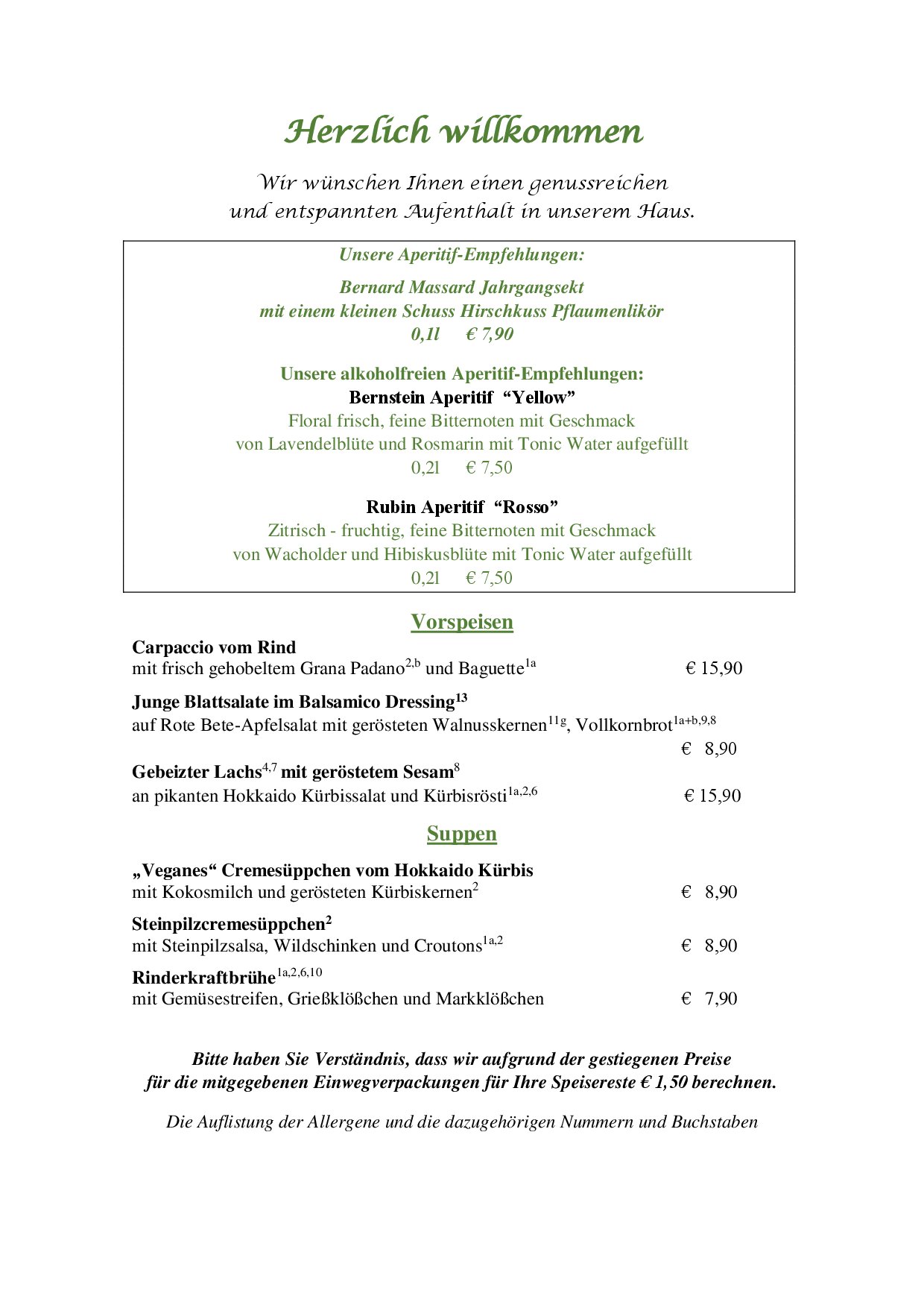 Speisekarte Restaurant blaue Ente im Waldhotel Schäferberg in Espenau, Seite 2