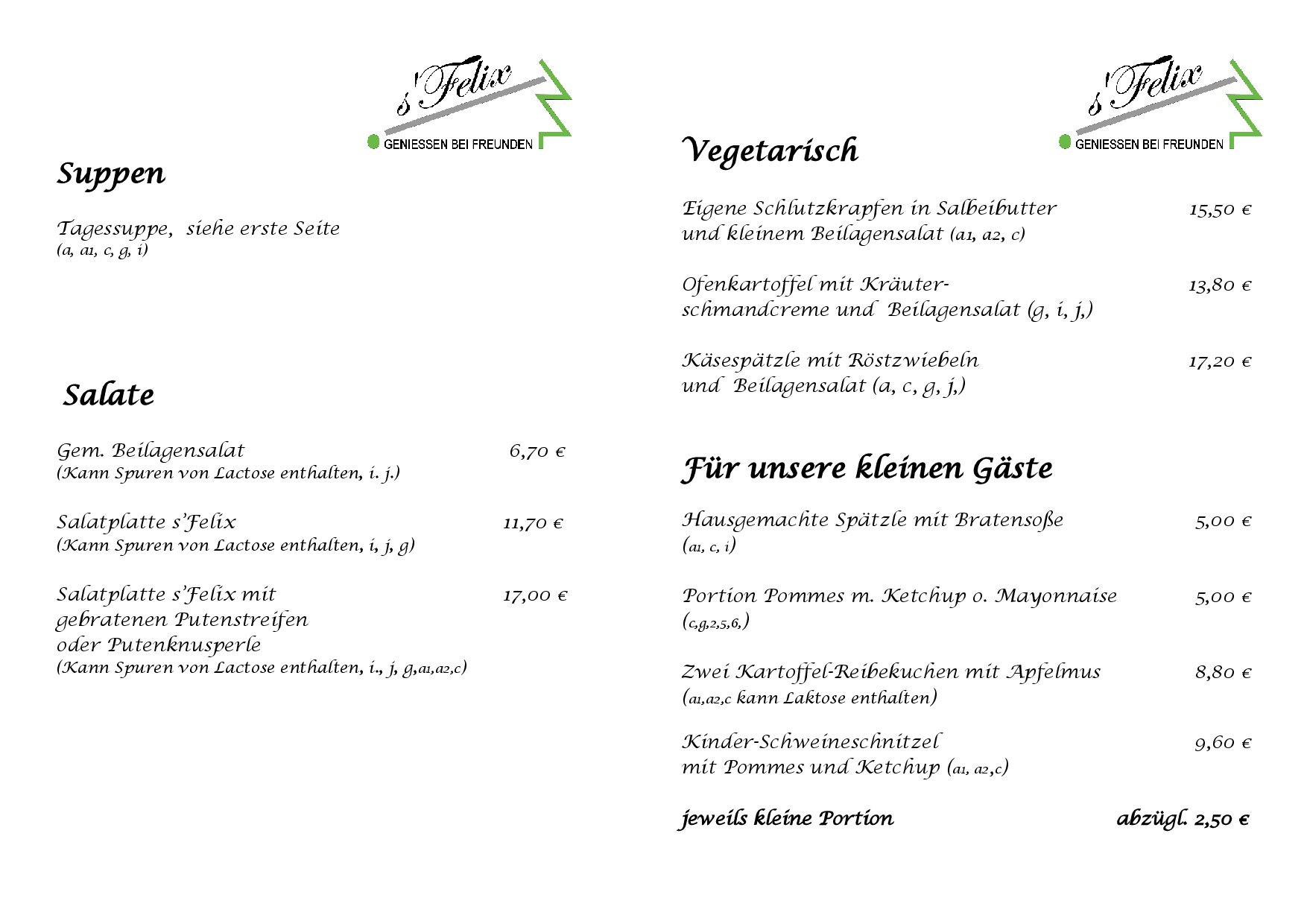 Speisekarte Gasthaus s`Felix in Triberg, Seite 1