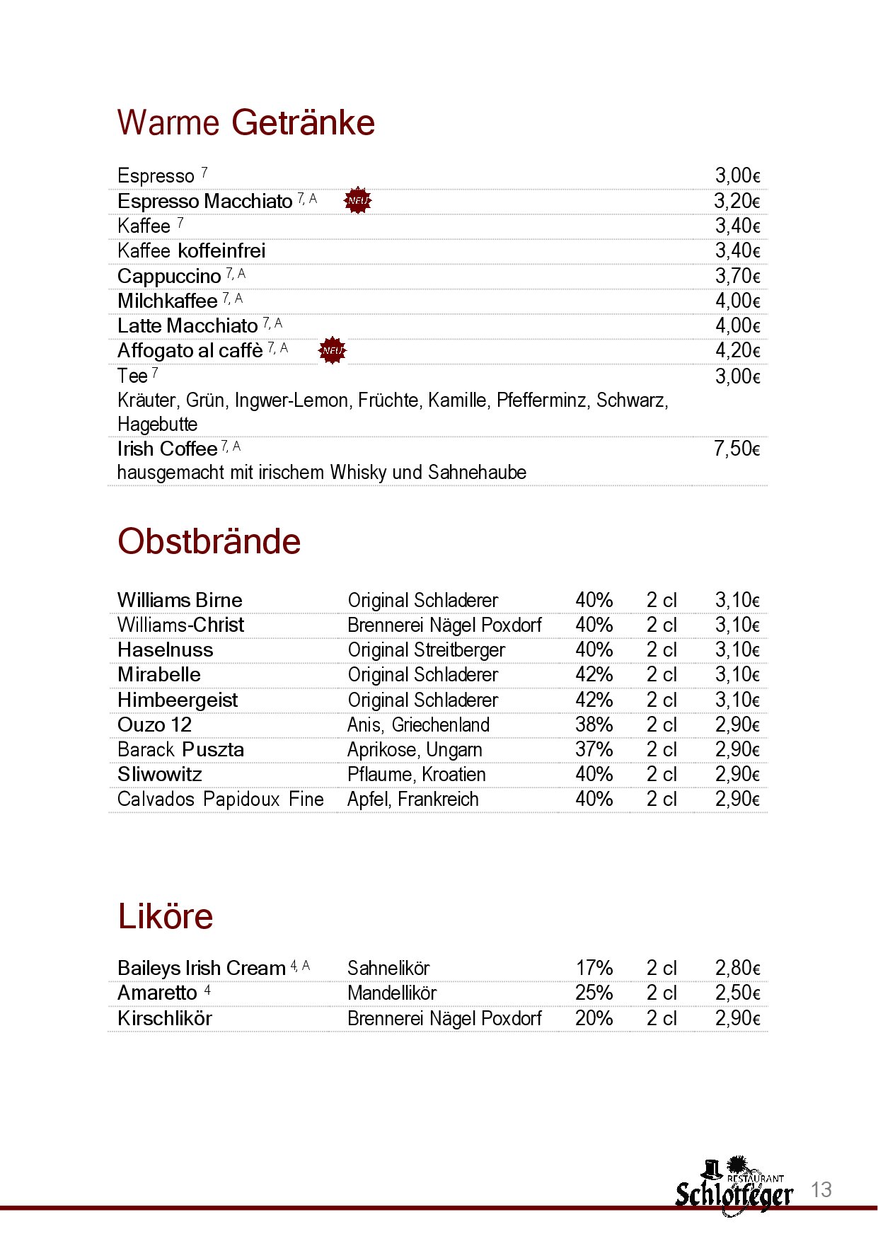 Speisekarte Restaurant Schlotfeger in Erlangen, Seite 15