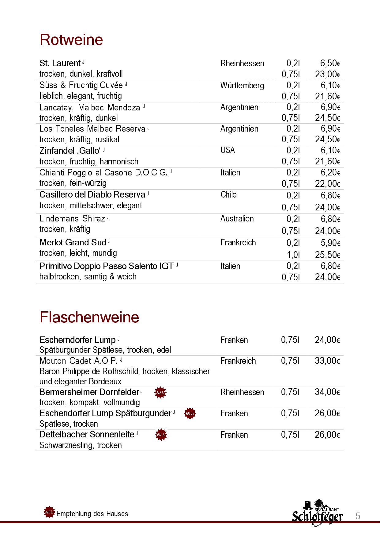 Speisekarte Restaurant Schlotfeger in Erlangen, Seite 7