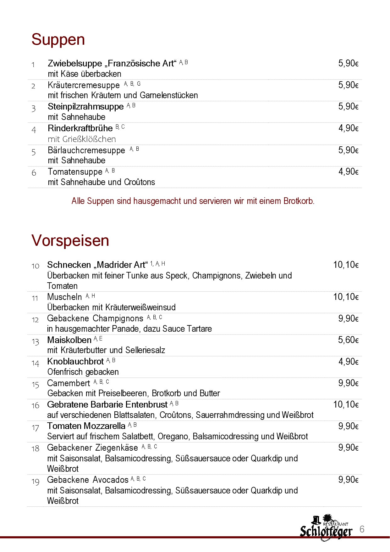 Speisekarte Restaurant Schlotfeger in Erlangen, Seite 8