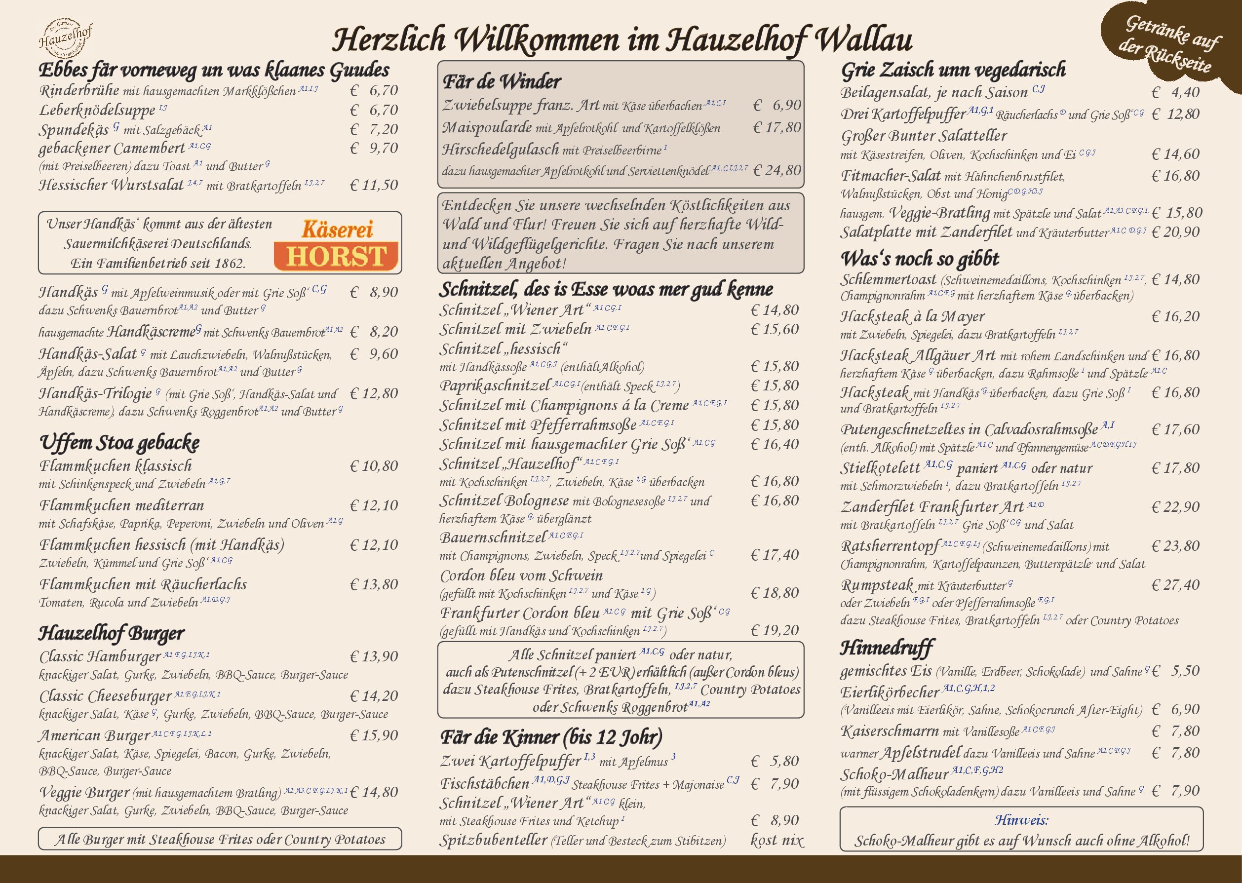 Speisekarte Hauzelhof Wallau in Hofheim am Taunus, Seite 1