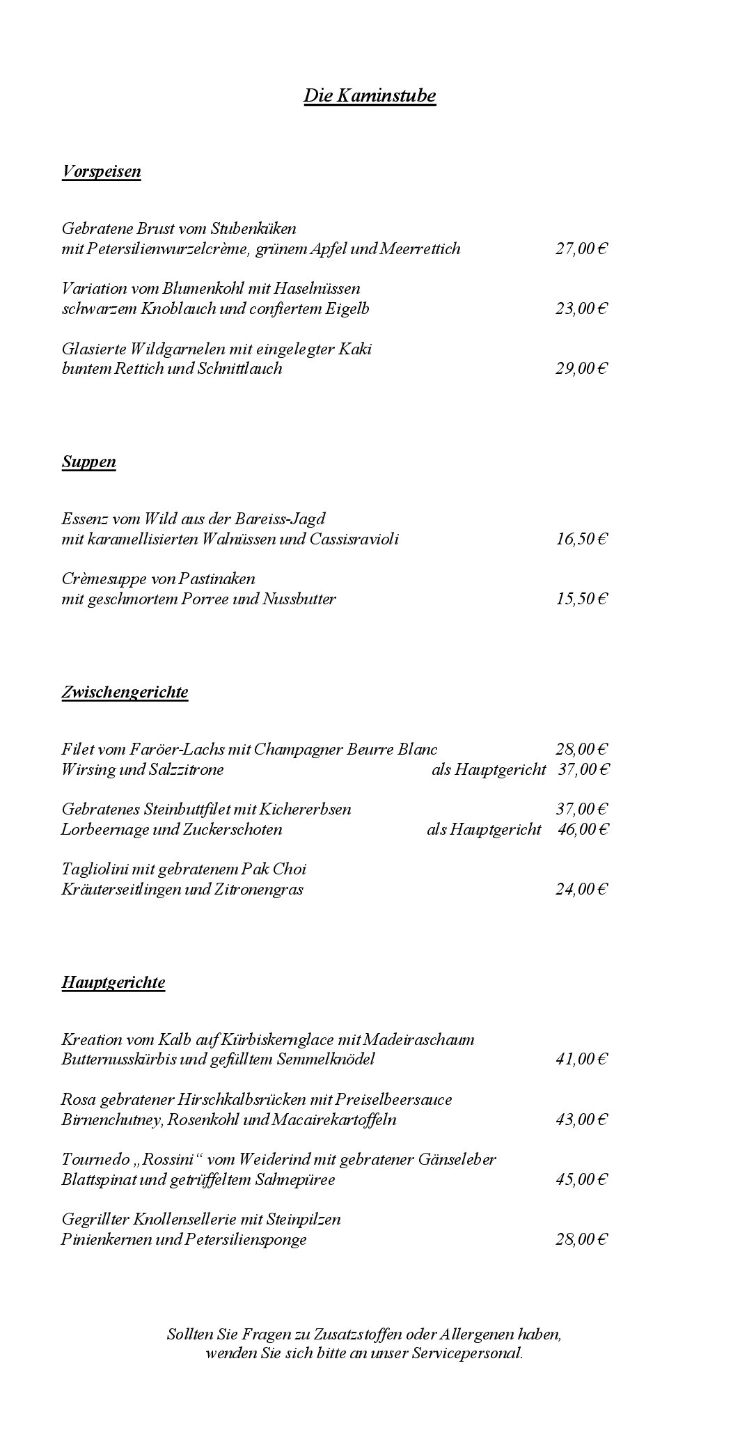 Speisekarte Restaurant Kaminstube im Hotel Bareiss in Baiersbronn, Seite 2