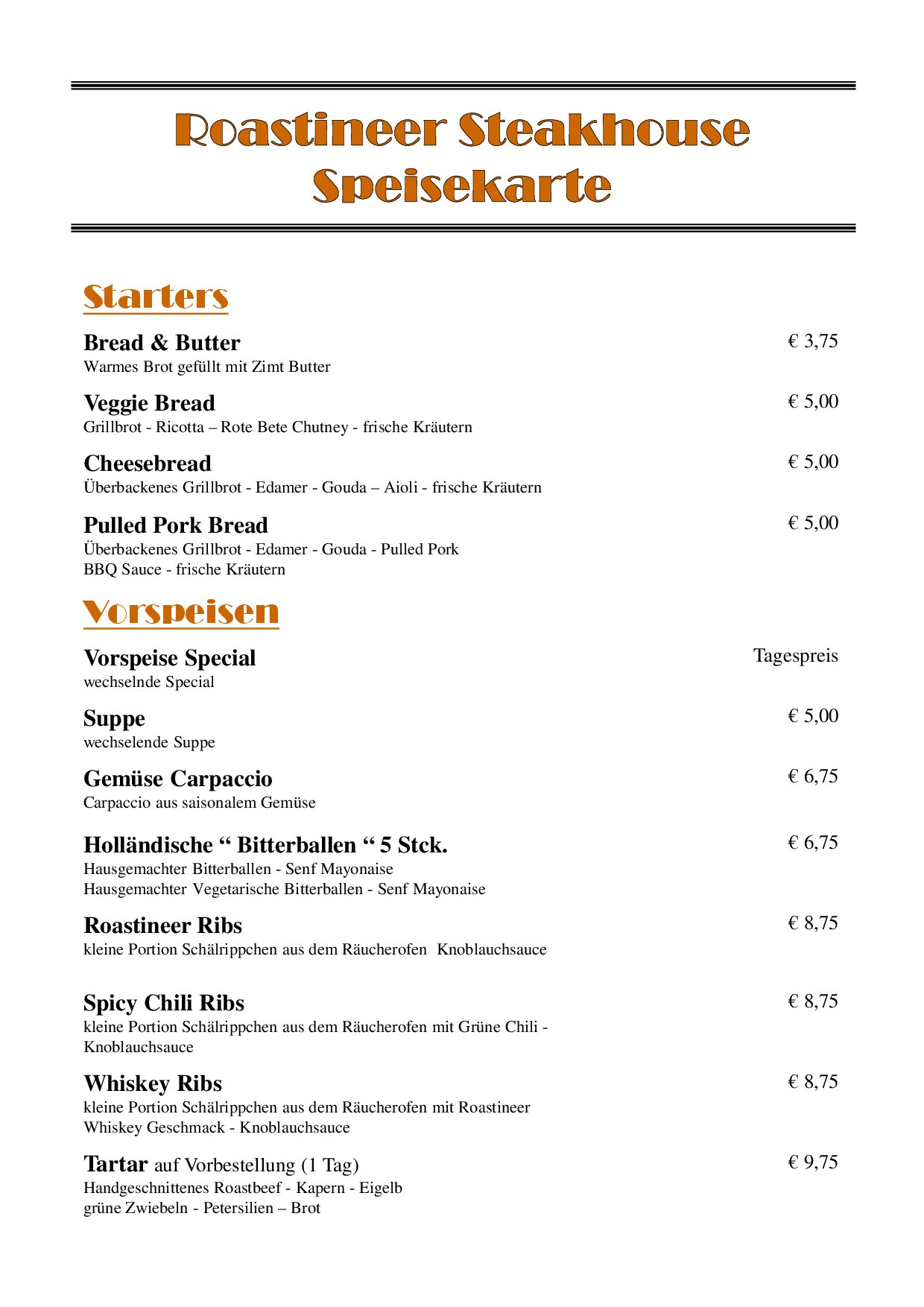 Speisekarte Roastineer Steakhouse in Battenberg (Eder), Seite 1