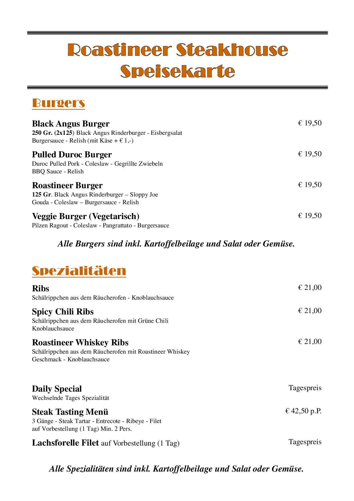 Speisekarte Roastineer Steakhouse in Battenberg (Eder), Seite 2