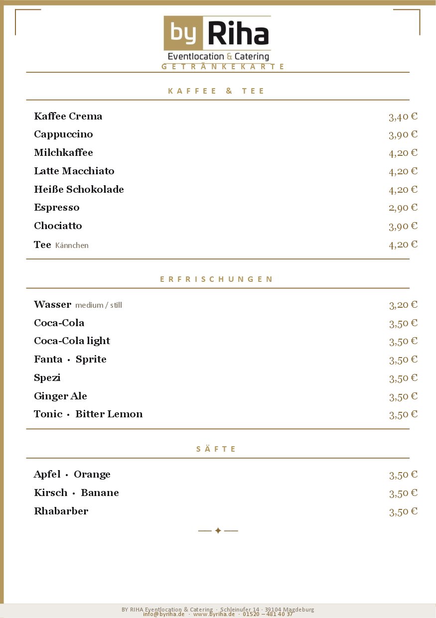 Speisekarte By Riha Eventlocation in Magdeburg, Seite 1