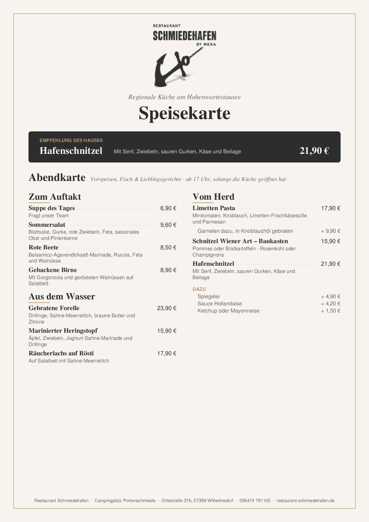 Speisekarte Restaurant Schmiedehafen in Wilhelmsdorf, Seite 1