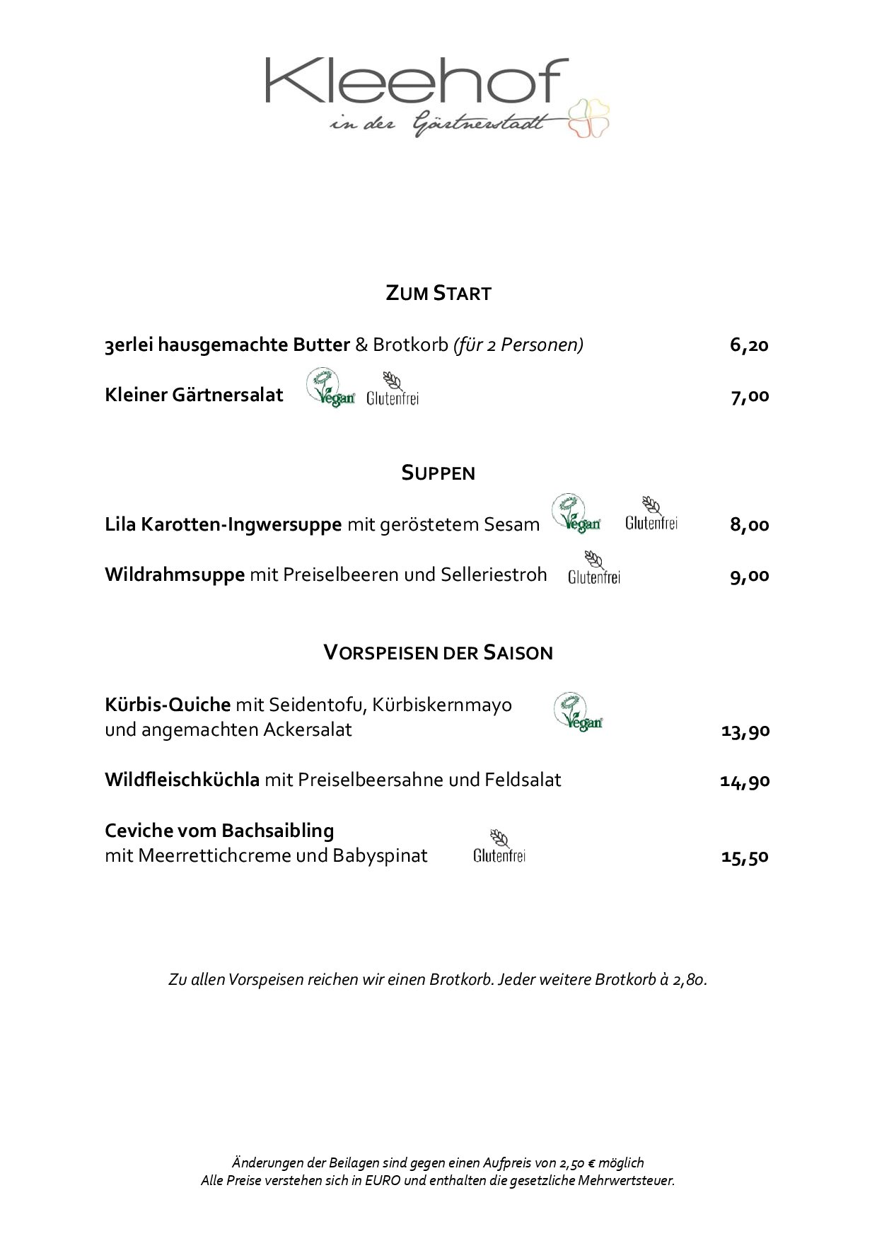 Speisekarte KLEEHOF in der Gärtnerstadt in Bamberg, Seite 1