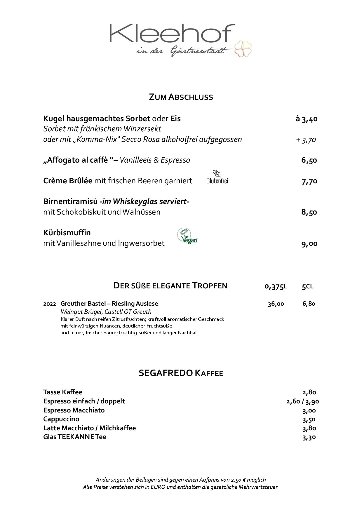 Speisekarte KLEEHOF in der Gärtnerstadt in Bamberg, Seite 4