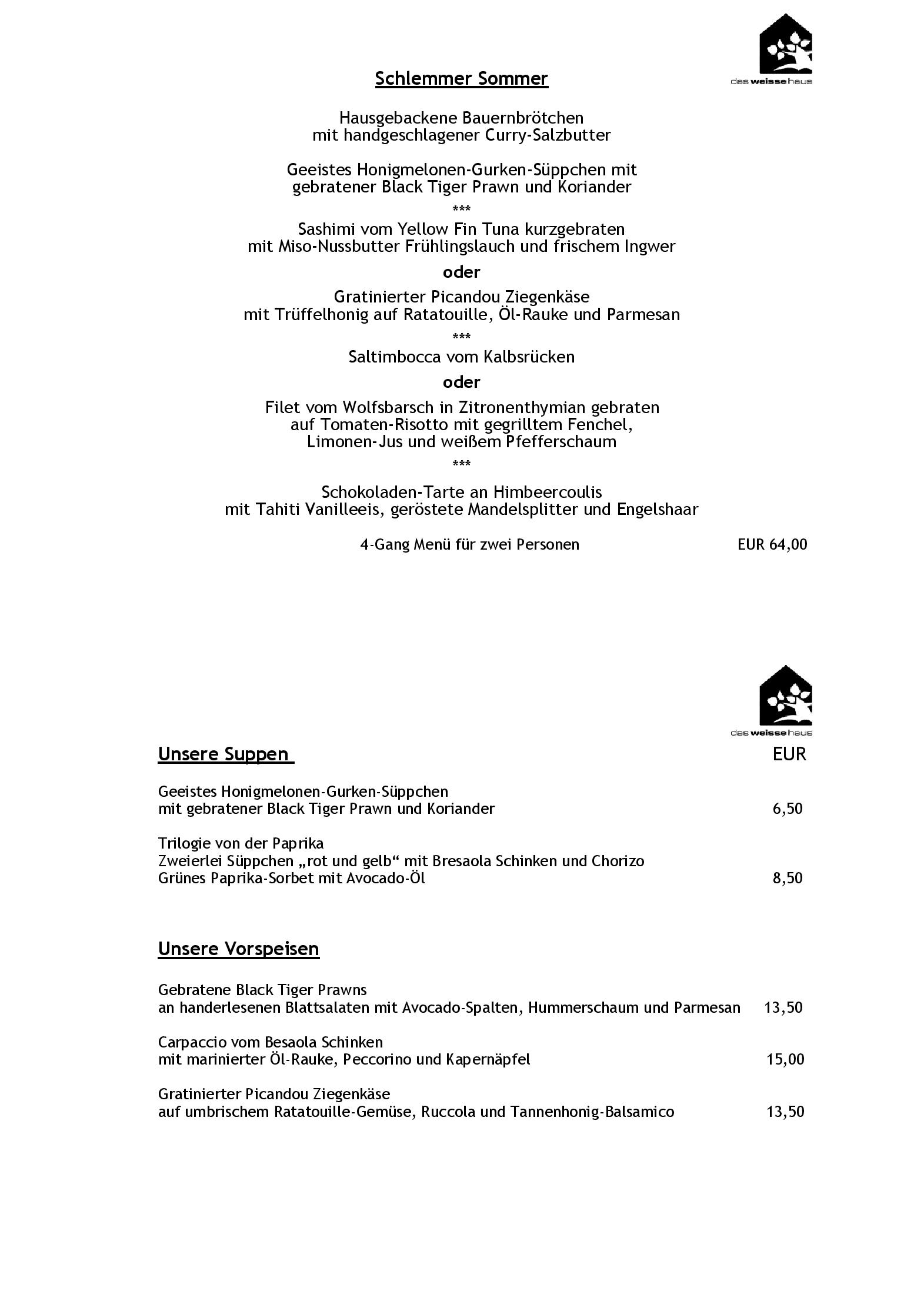 Speisekarte - Restaurant Das Weisse Haus in Hamburg - DeutschlandGourmet